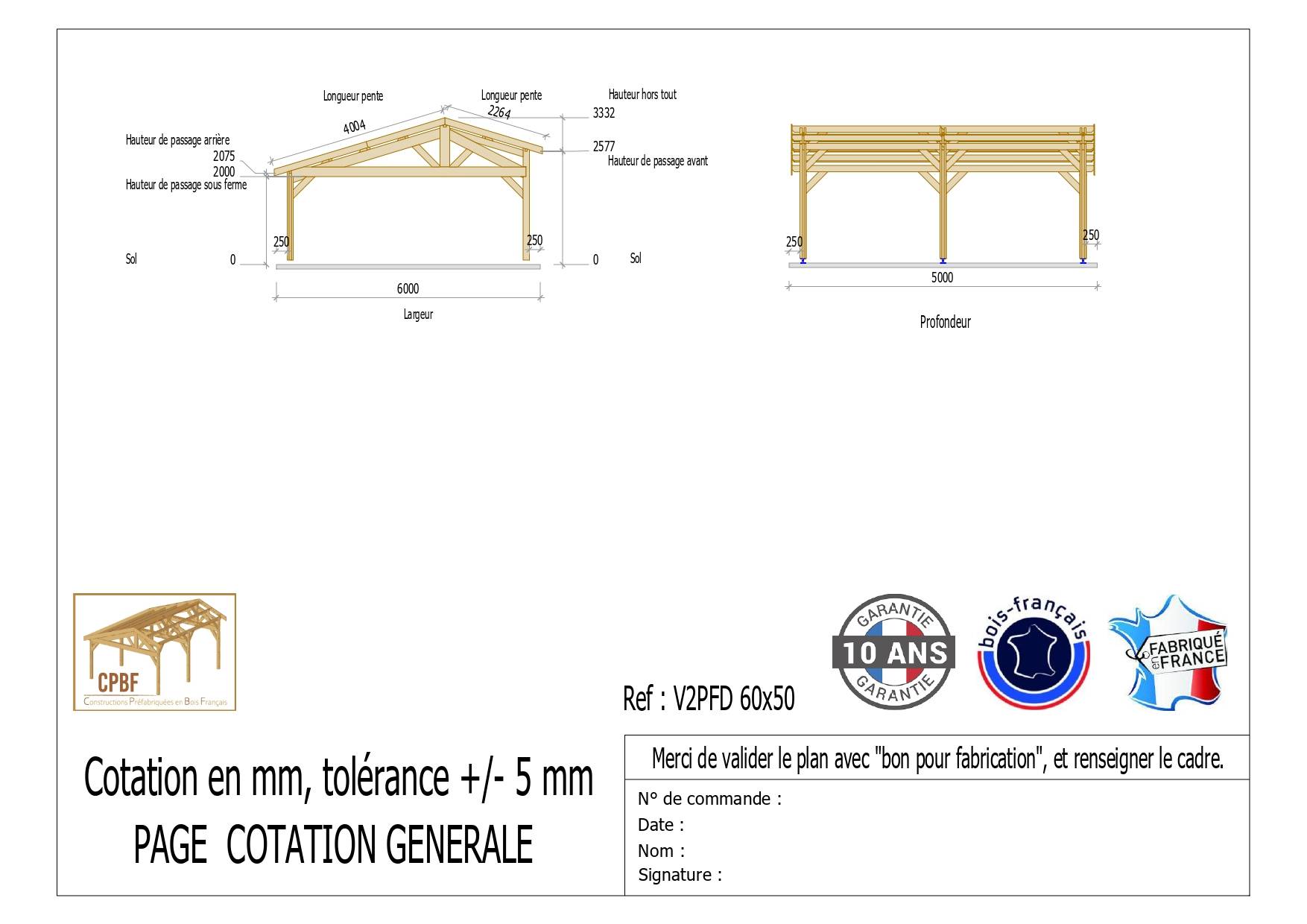 Cpbf Charpentes - Carport  deux pentes faitage décalé, 600cm x 500cm, bois DOUGLAS Français  (Charpente en bois-auvent-abri voiture),  30 m². Garantie 10 ans - Image 2
