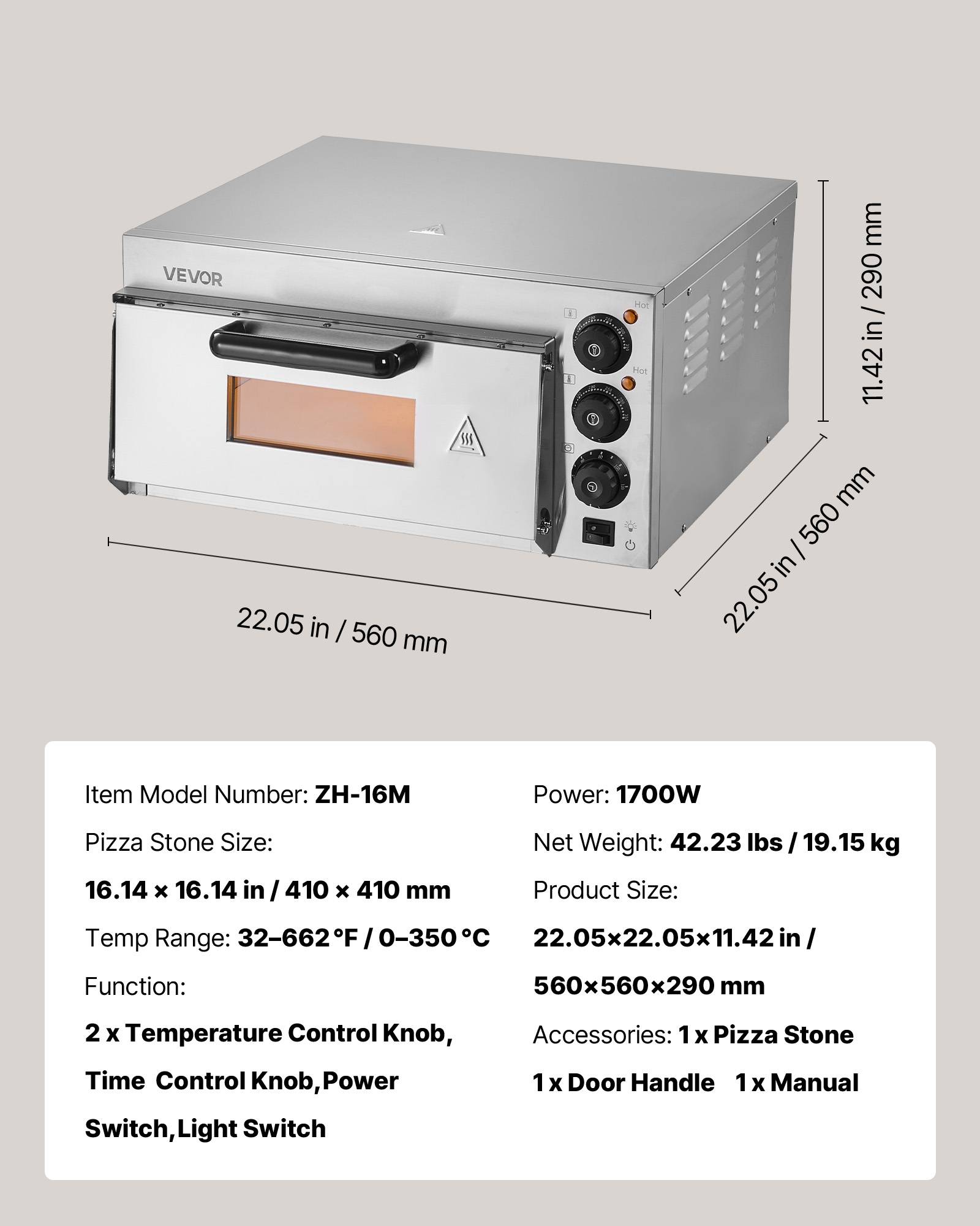VEVOR Four à pizza électrique 40,6 cm, inox, 350 °C. Pierre incluse. Pour cuisine, restaurant. - Image 7