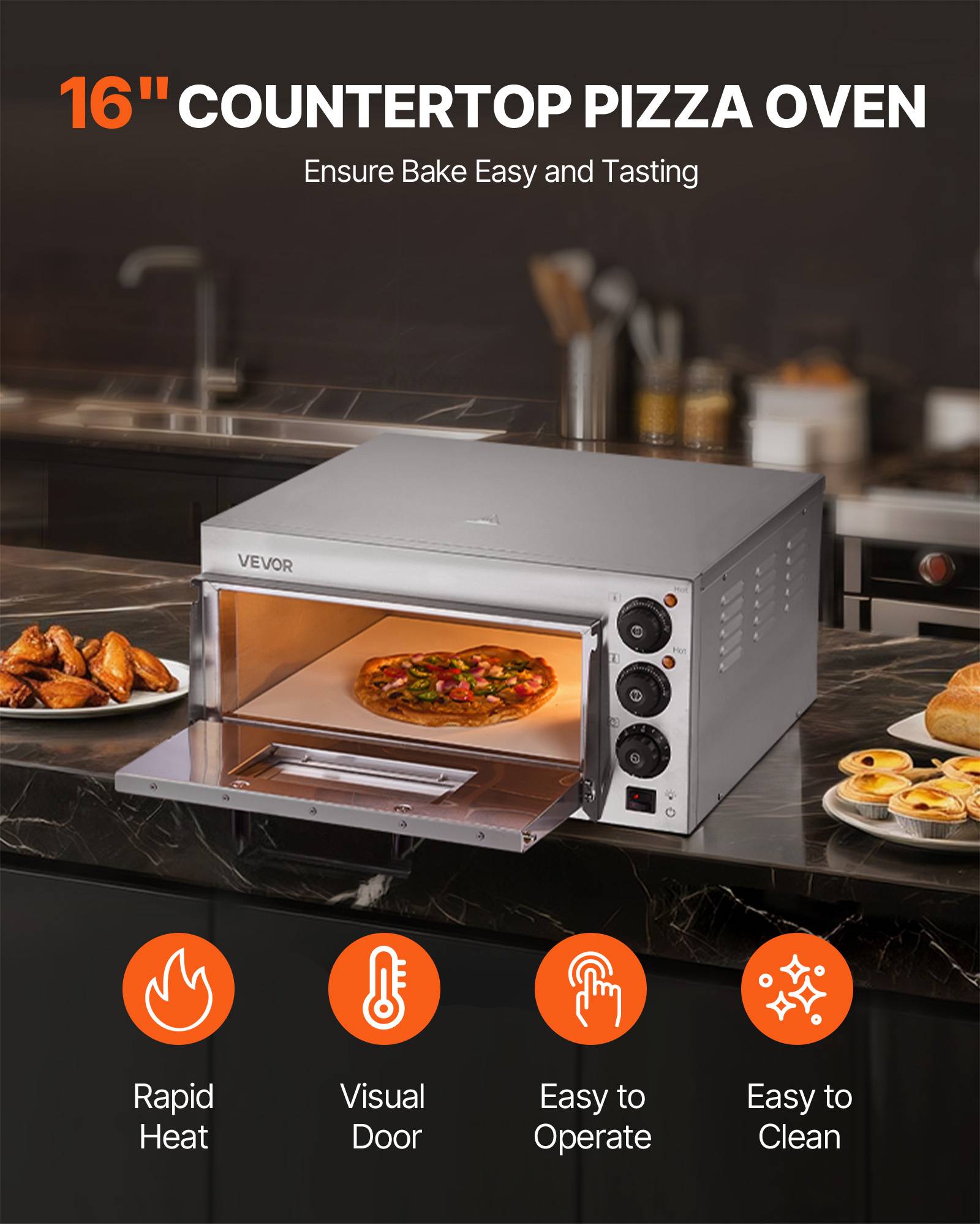 VEVOR Four à pizza électrique 40,6 cm, inox, 350 °C. Pierre incluse. Pour cuisine, restaurant. - Image 2