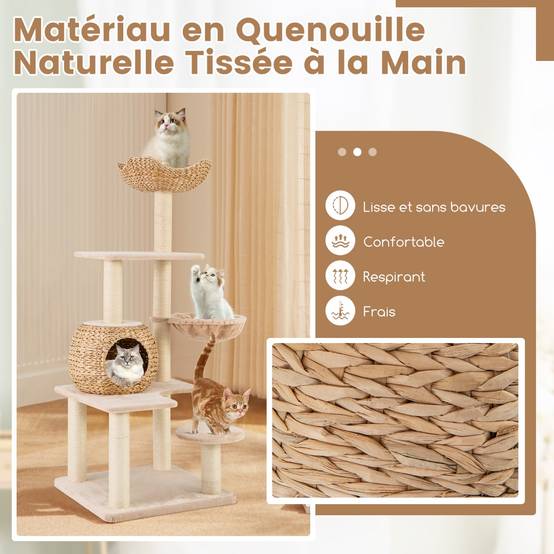 Arbre à Chat Hauteur 143 cm, avec 4 Poteaux à Griffer, 2 Plateformes, 1 Niche, 1 Hamac, 2 Pompons, en Tissu Peluche, Beige - Animalerie Arbre à Chat Hauteur 143 cm, avec 4 Poteaux à Griffer, 2 Plateformes, 1 Niche, 1 Hamac, 2 Pompons, en Tissu Peluche, Beige - Animalerie