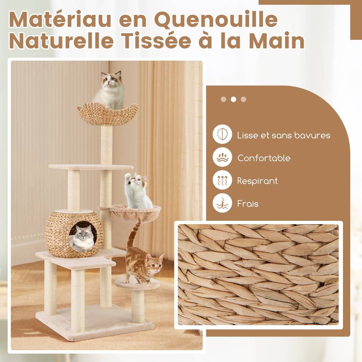 Arbre à Chat Hauteur 143 cm, avec 4 Poteaux à Griffer, 2 Plateformes, 1 Niche, 1 Hamac, 2 Pompons, en Tissu Peluche, Beige - Animalerie
