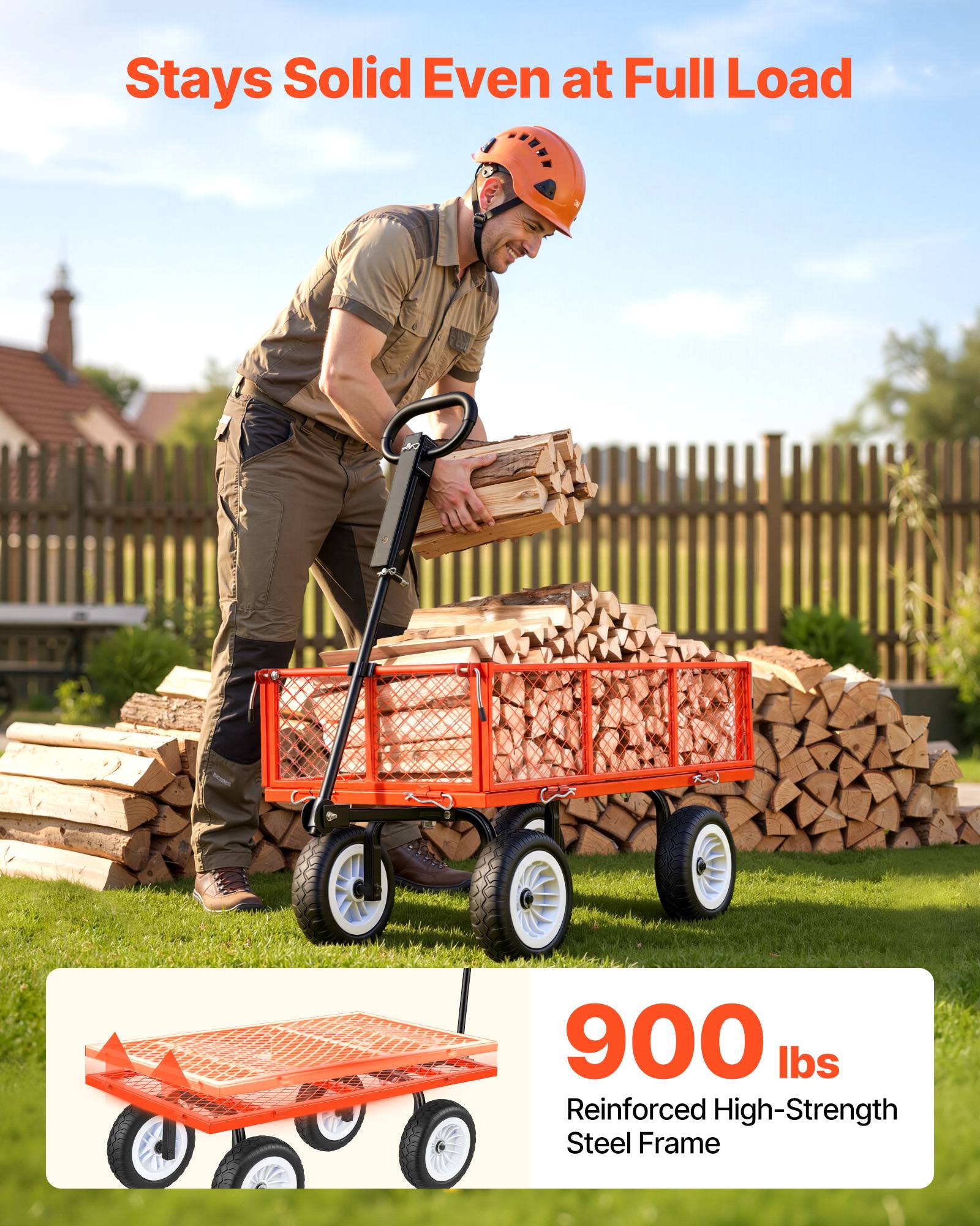 Vevor - VEVOR Chariot de jardin acier 408,2 kg, pneus PU 25,4 cm increvables, côtés amovibles, poignée réglable, kit d'accessoires, rouge. - Image 2