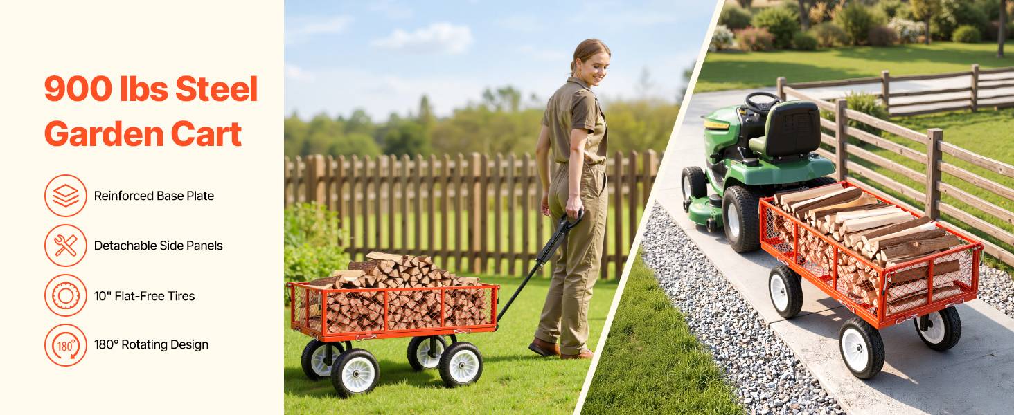 Vevor - VEVOR Chariot de jardin acier 408,2 kg, pneus PU 25,4 cm increvables, côtés amovibles, poignée réglable, kit d'accessoires, rouge. - Image 9