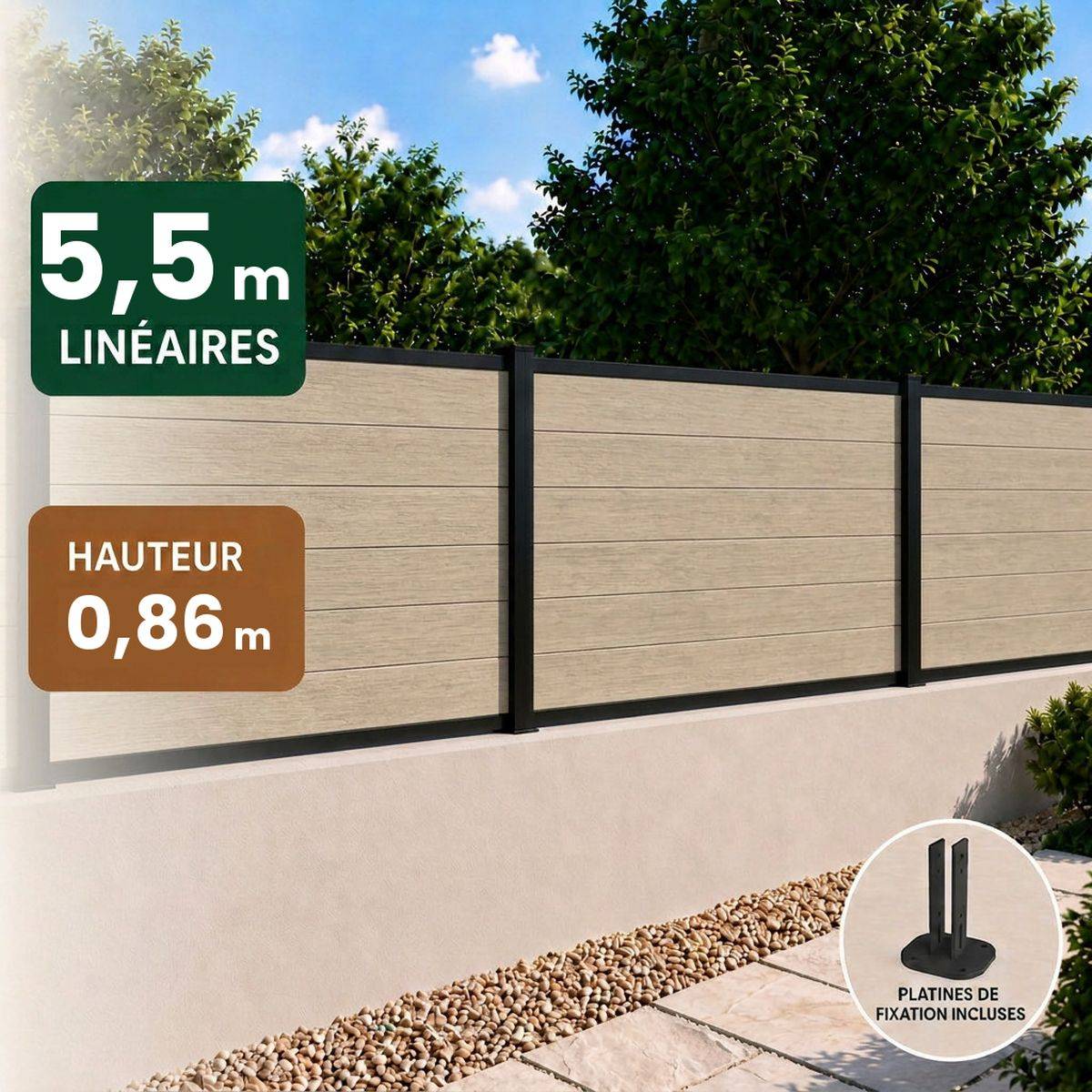 Direct Abris - Kit clôture RECIFE Bois Composite cèdre 5,47m poteau 60x70mm noir sur platines 0,86m