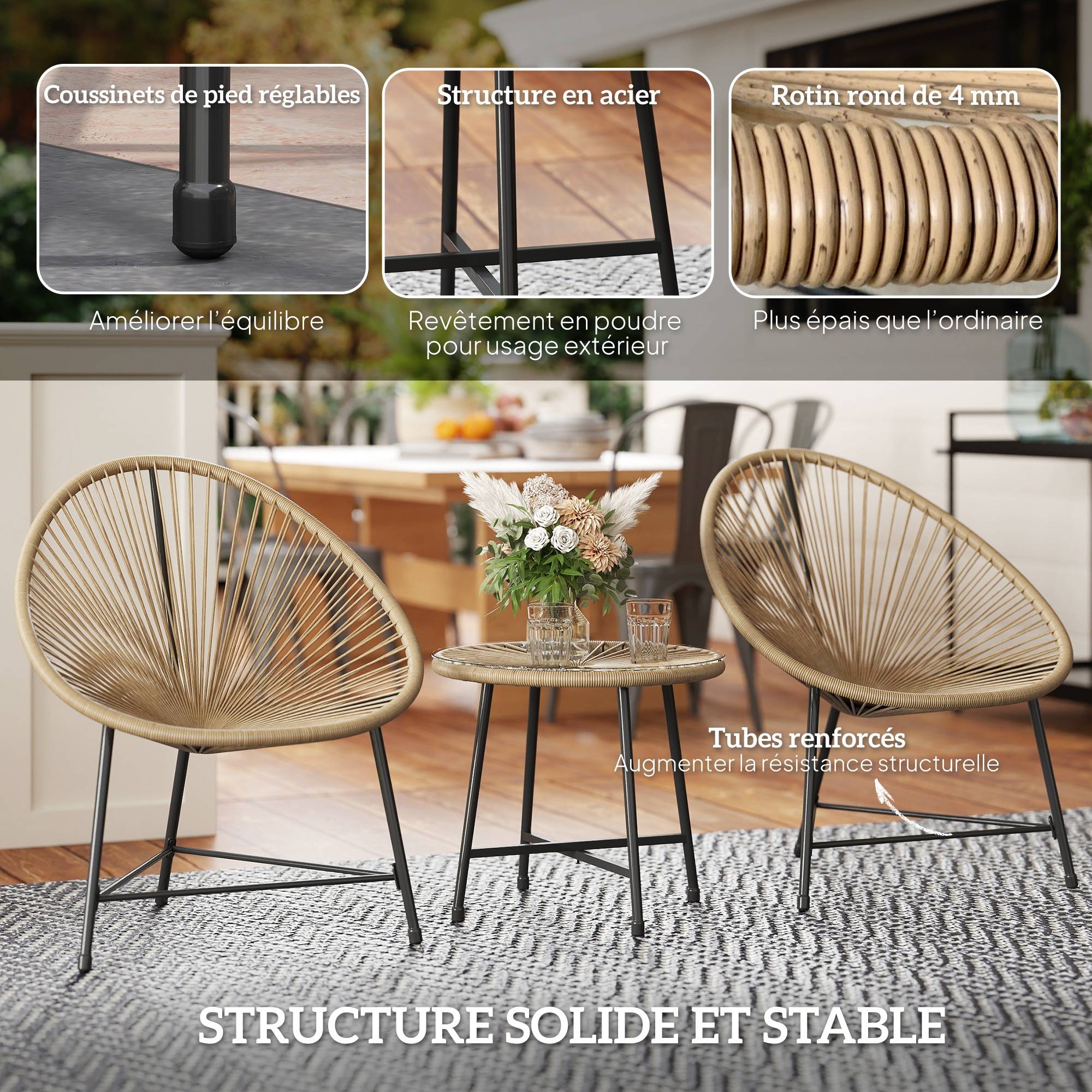 Outsunny - Salon de jardin extérieur 2 personnes table et 2 chaises pour balcon terrasse patio en résine tressée et verre trempé beige - Outsunny - Image 6