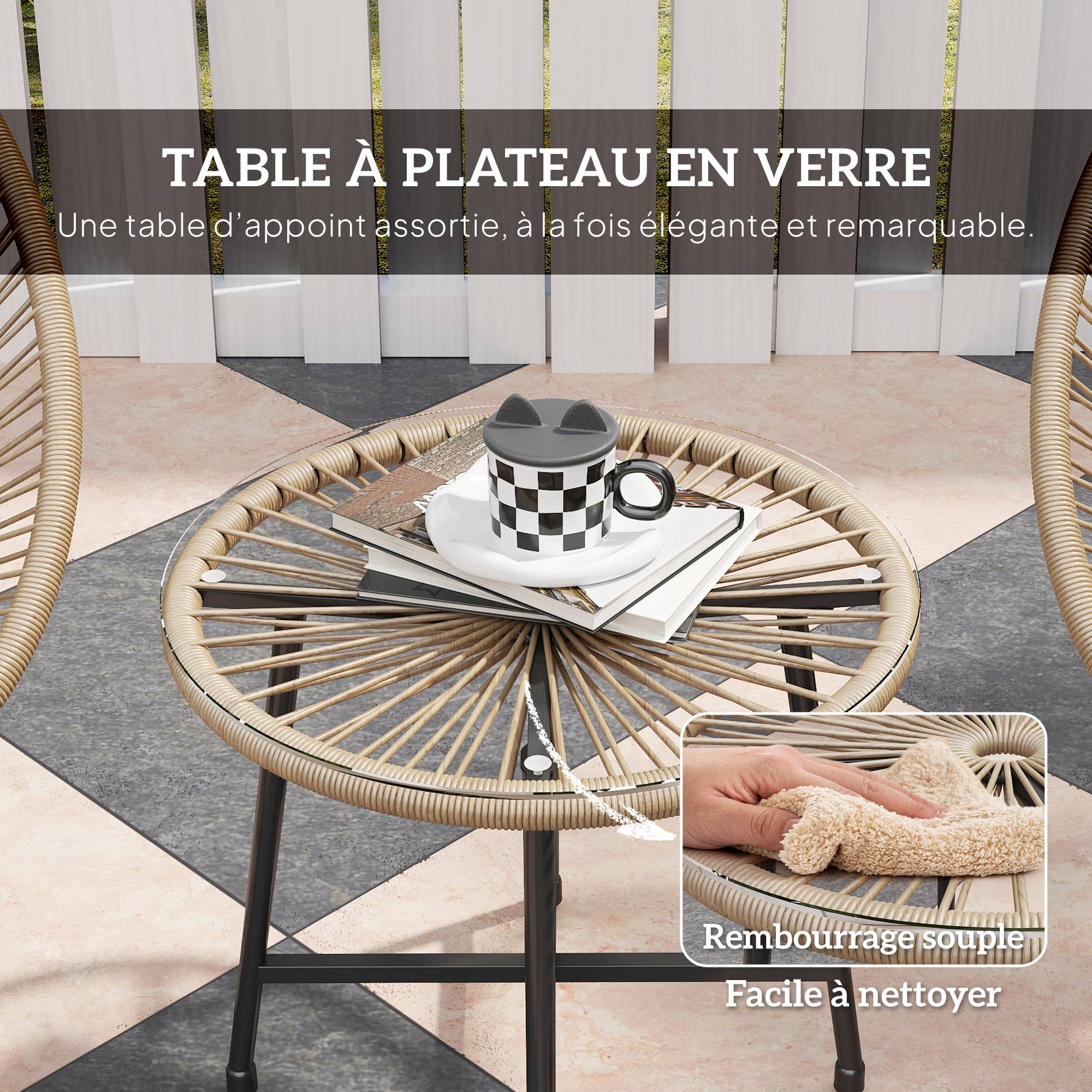 Outsunny - Salon de jardin extérieur 2 personnes table et 2 chaises pour balcon terrasse patio en résine tressée et verre trempé beige - Outsunny - Image 5