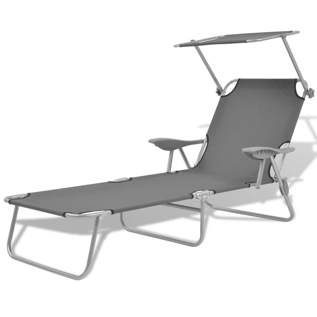 Helloshop26 - Transat chaise longue bain de soleil lit de jardin terrasse meuble d'extérieur avec auvent acier gris - Image 1