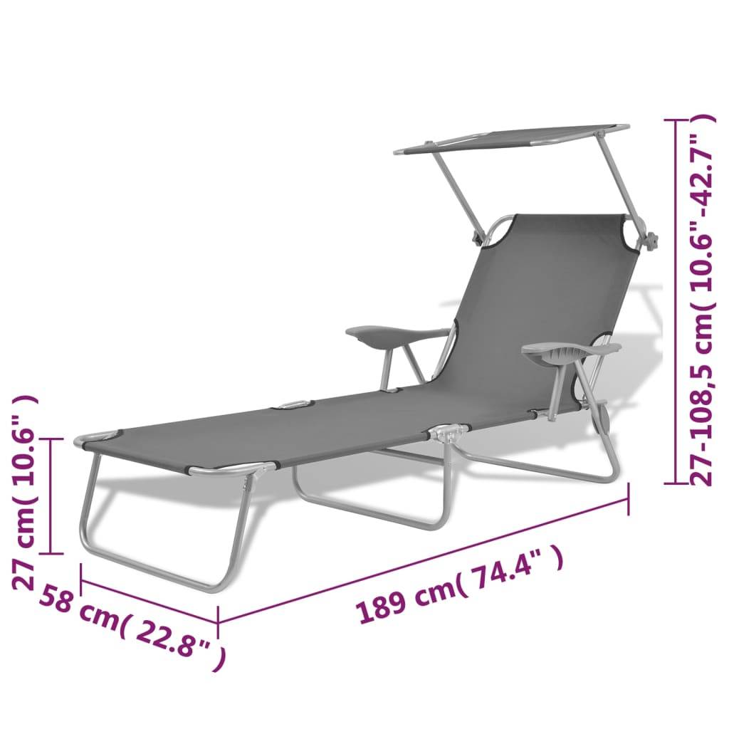 Helloshop26 - Transat chaise longue bain de soleil lit de jardin terrasse meuble d'extérieur avec auvent acier gris - Image 7