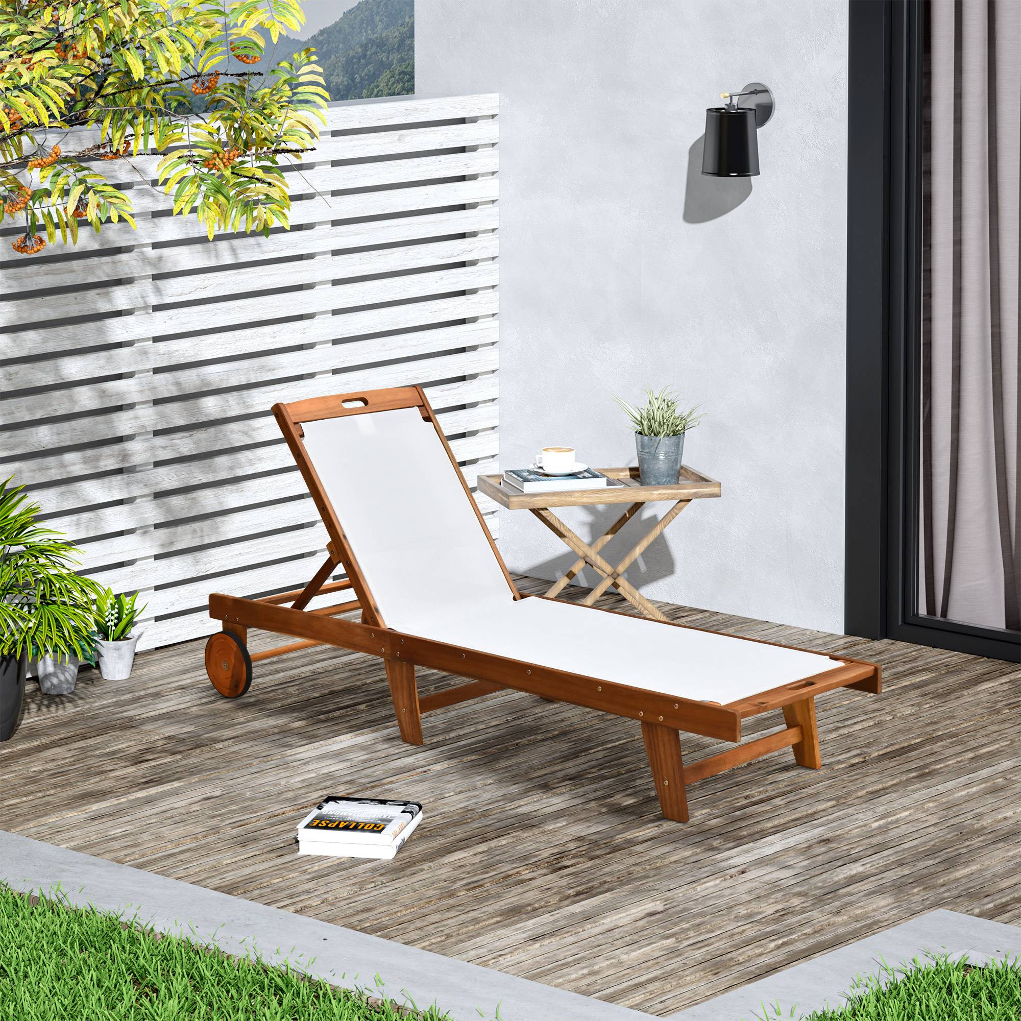 Chaise longue inclinable, transat de jardin, mobilier de jardin, réglable, bois d'acacia, textile, naturel et blanc, 198 x 55 x 30-88,5 cm - Image 3