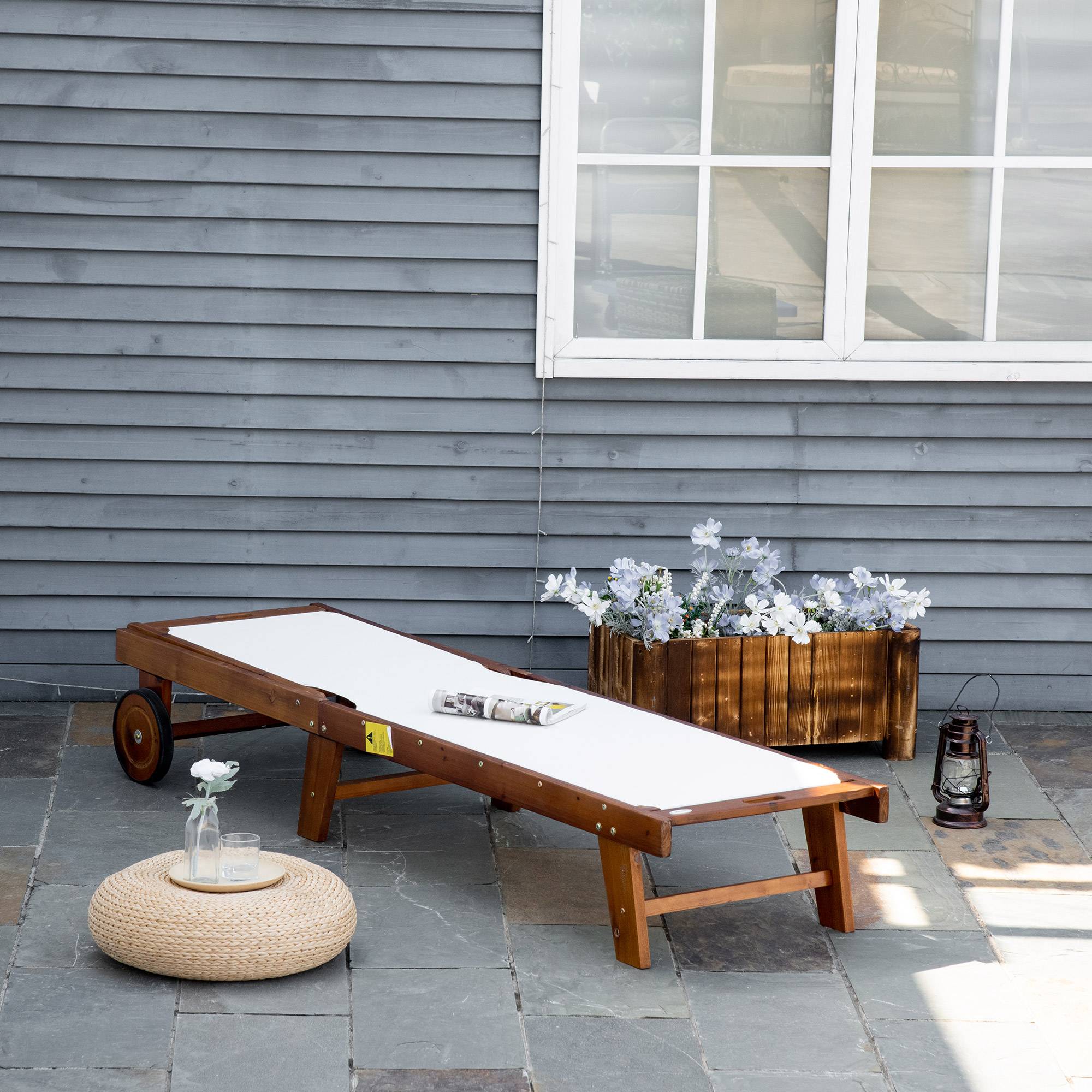 Chaise longue inclinable, transat de jardin, mobilier de jardin, réglable, bois d'acacia, textile, naturel et blanc, 198 x 55 x 30-88,5 cm - Image 4