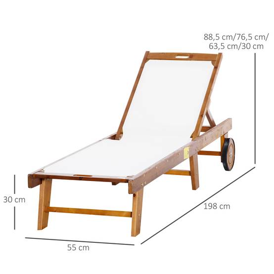 Chaise longue inclinable, transat de jardin, mobilier de jardin, réglable, bois d'acacia, textile, naturel et blanc, 198 x 55 x 30-88,5 cm - Image 5