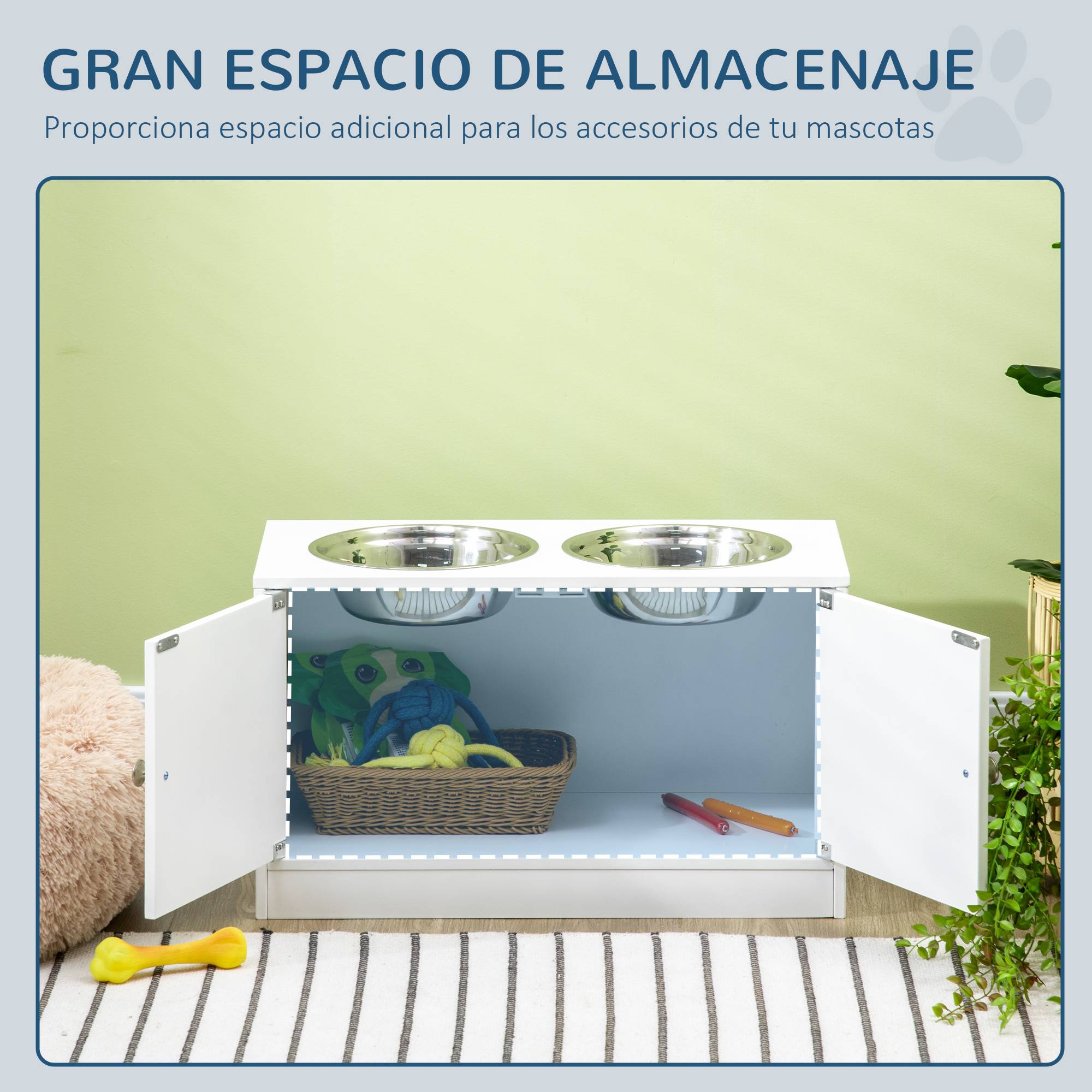 Gamelle surélevée pour grands chiens avec 2 gamelles de 2000 ml et rangement dissimulé, 60 x 30 x 35,5 cm, blanche - Image 7