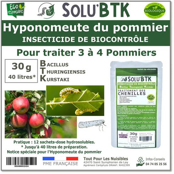 SoluBTK - Hyponomeute du Pommier - 30 g Bacillus thuringiensis BTK - Anti-chenilles Utilisable en Agriculture Biologique - Traitement chenilles - Image 1