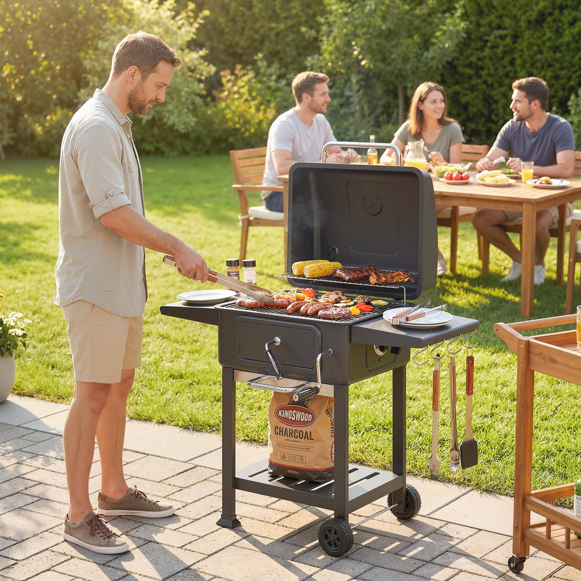 Sans Marque - Holzkohlegrill BBQ Smoker mit Deckel Thermomètre höhenverstellbar Kohlepfanne Kamin Grillrost Seitentisch Aschefach - Image 4