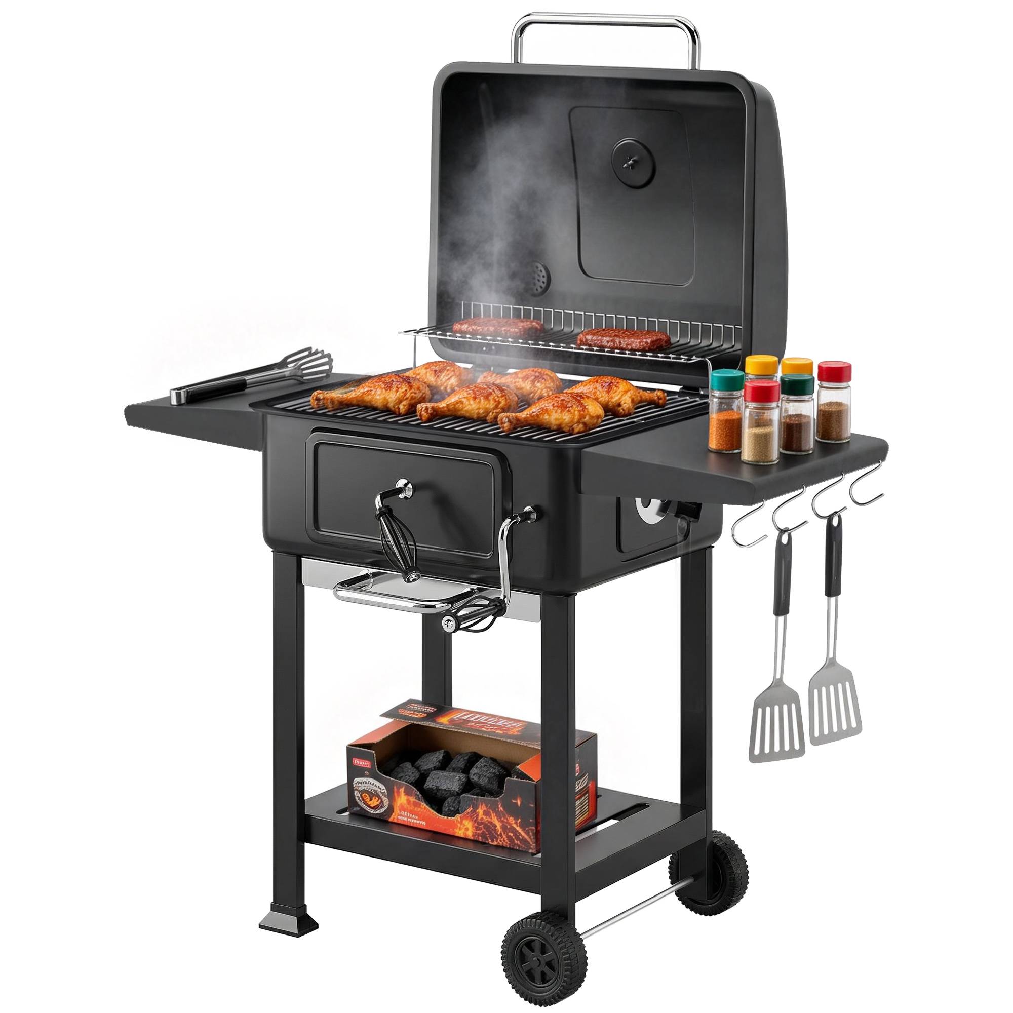 Sans Marque - Holzkohlegrill BBQ Smoker mit Deckel Thermomètre höhenverstellbar Kohlepfanne Kamin Grillrost Seitentisch Aschefach - Image 1