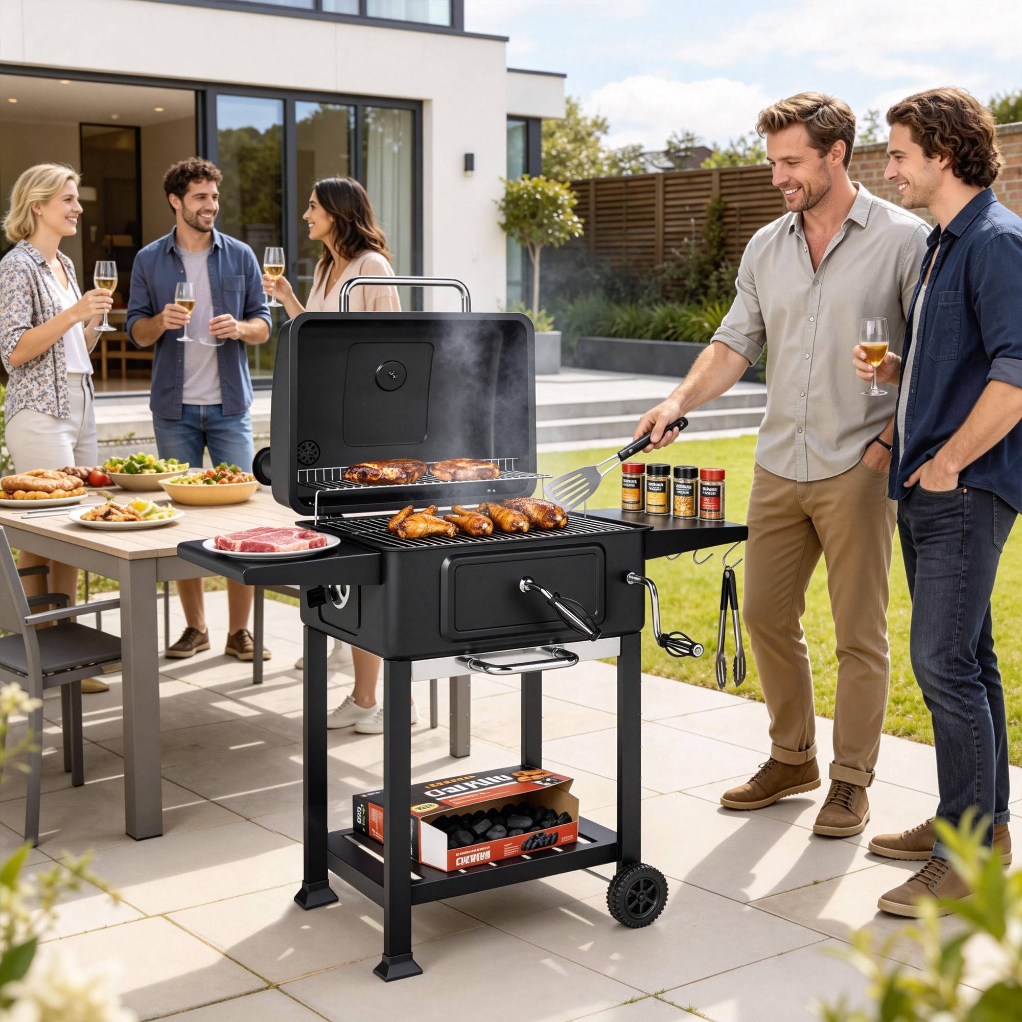 Sans Marque - Holzkohlegrill BBQ Smoker mit Deckel Thermomètre höhenverstellbar Kohlepfanne Kamin Grillrost Seitentisch Aschefach - Image 3