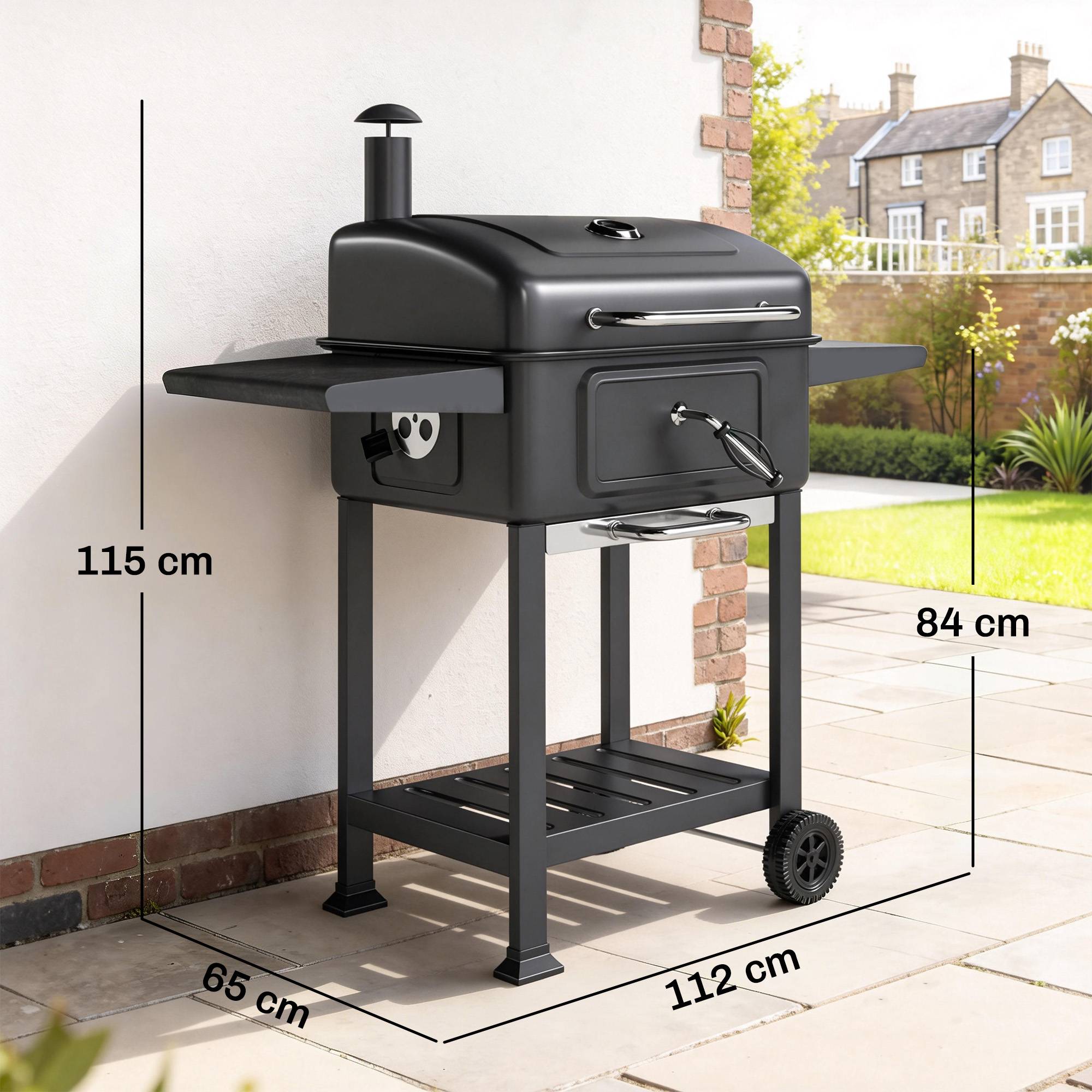 Sans Marque - Holzkohlegrill BBQ Smoker mit Deckel Thermomètre höhenverstellbar Kohlepfanne Kamin Grillrost Seitentisch Aschefach - Image 5