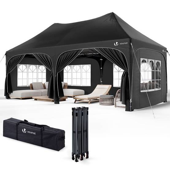 VOUNOT® Tonnelle de jardin pliable 3x6m - Barnum réglable en hauteur avec 6 parois amovibles - Imperméable et anti-UV - Noir - Image 1