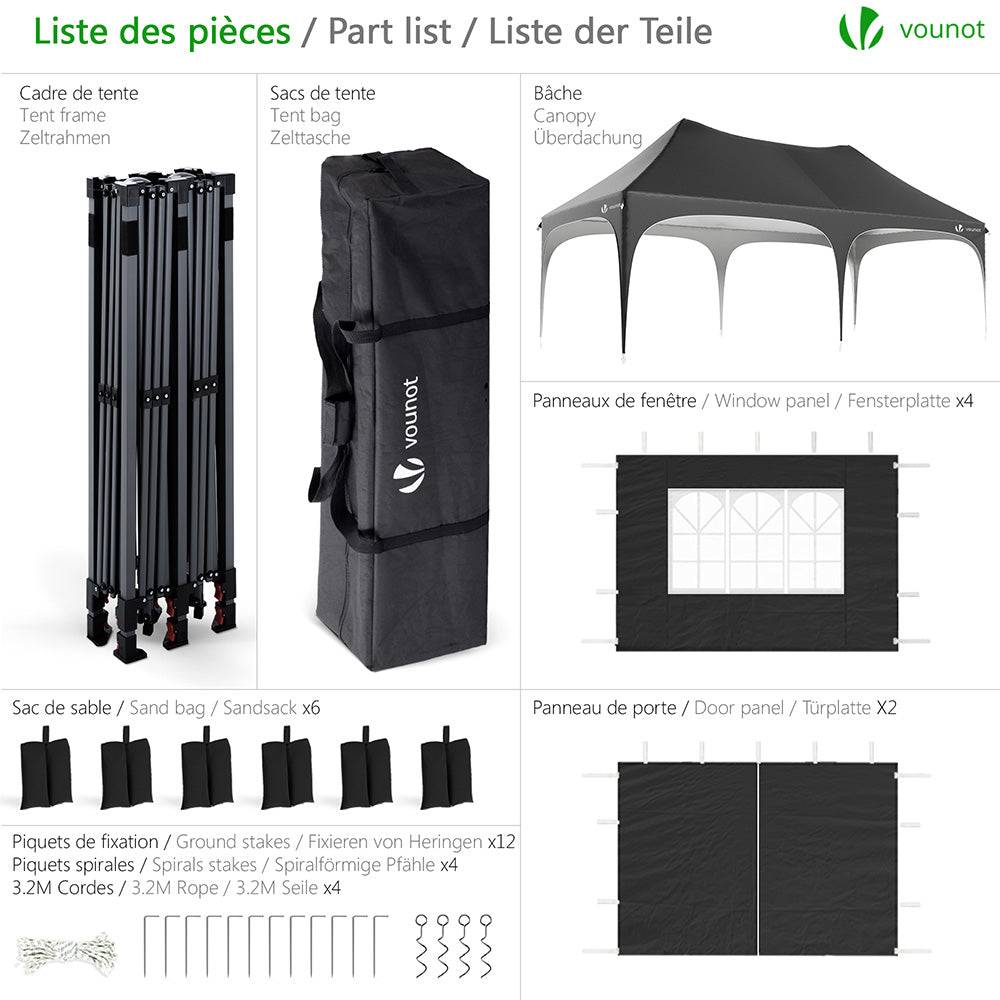 VOUNOT® Tonnelle de jardin pliable 3x6m - Barnum réglable en hauteur avec 6 parois amovibles - Imperméable et anti-UV - Noir - Image 2