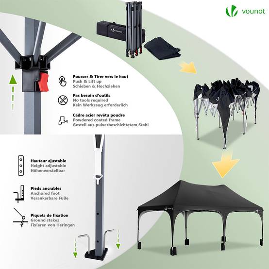 VOUNOT® Tonnelle de jardin pliable 3x6m - Barnum réglable en hauteur avec 6 parois amovibles - Imperméable et anti-UV - Noir - Image 4