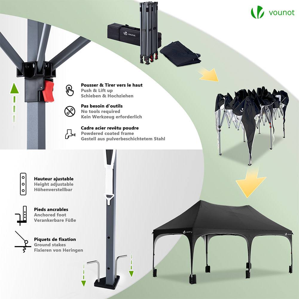 VOUNOT® Tonnelle de jardin pliable 3x6m - Barnum réglable en hauteur avec 6 parois amovibles - Imperméable et anti-UV - Noir - Image 4