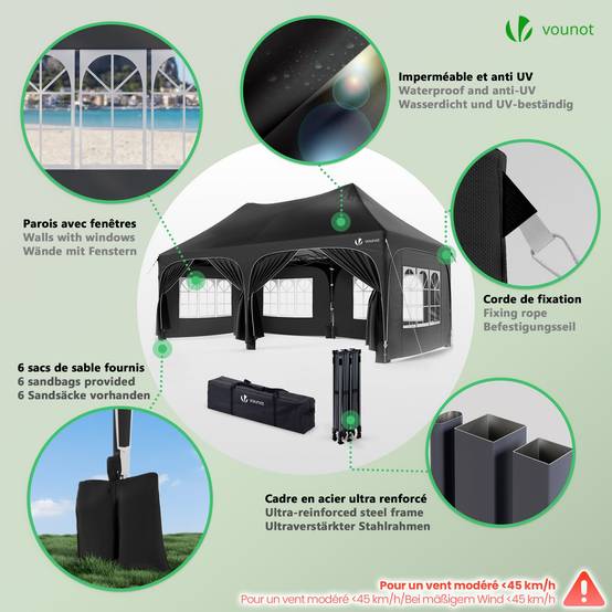 VOUNOT® Tonnelle de jardin pliable 3x6m - Barnum réglable en hauteur avec 6 parois amovibles - Imperméable et anti-UV - Noir - Image 6