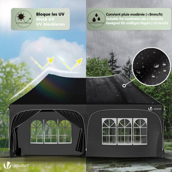 VOUNOT® Tonnelle de jardin pliable 3x6m - Barnum réglable en hauteur avec 6 parois amovibles - Imperméable et anti-UV - Noir - Image 5