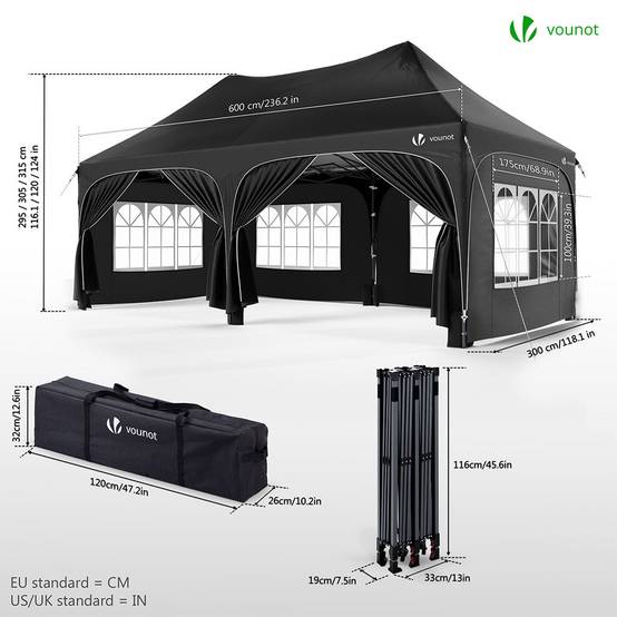 VOUNOT® Tonnelle de jardin pliable 3x6m - Barnum réglable en hauteur avec 6 parois amovibles - Imperméable et anti-UV - Noir - Image 7
