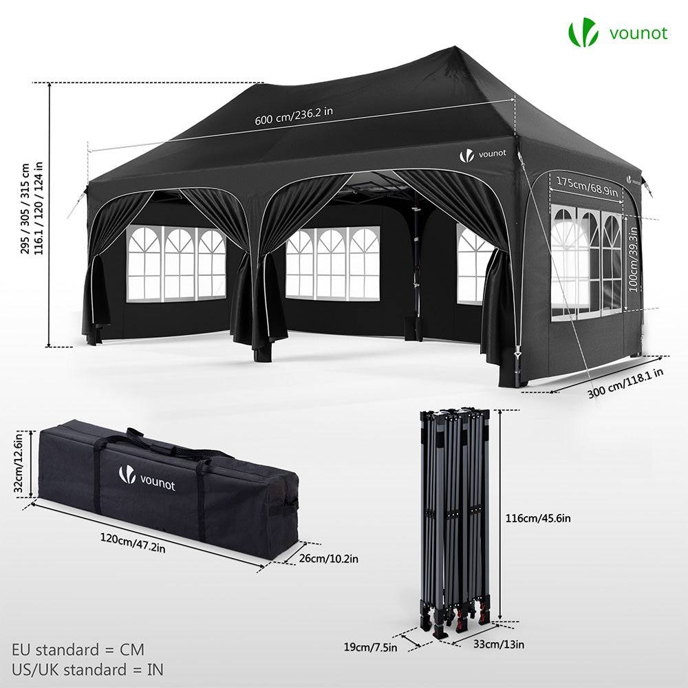VOUNOT® Tonnelle de jardin pliable 3x6m - Barnum réglable en hauteur avec 6 parois amovibles - Imperméable et anti-UV - Noir - Image 7