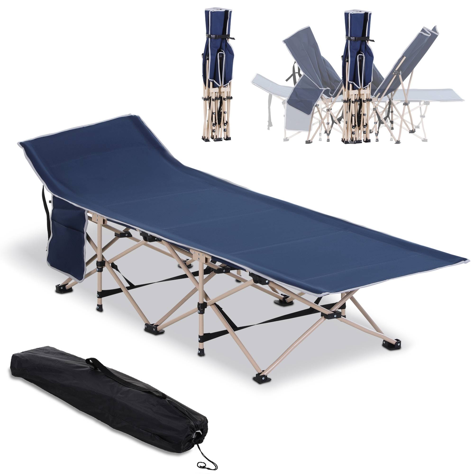 Lit de camp pliant, avec sac de rangement, en acier et tissu Oxford, bleu - Image 1