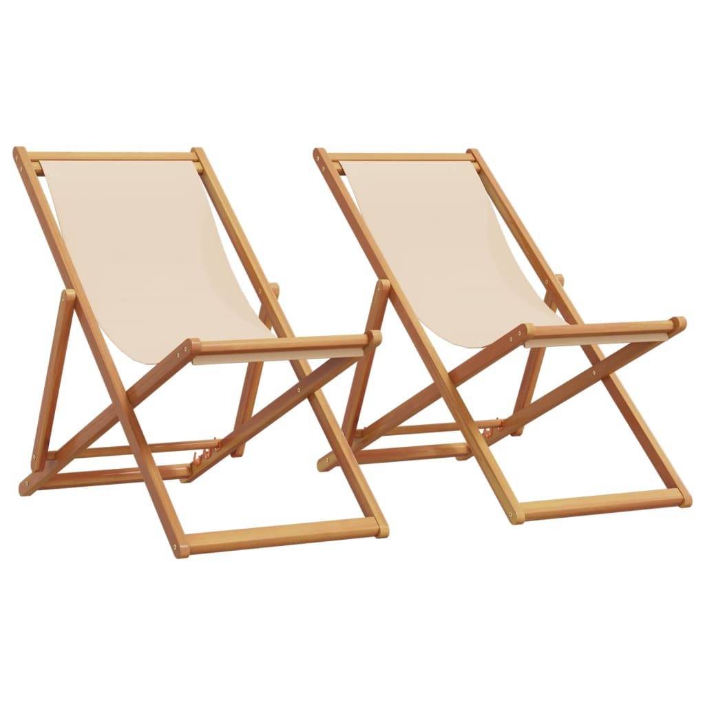 Maison Chic - lot de 2 Chaises de plage pliantes - Bain de soleil - Transat beige tissu et bois massif HL300 - Image 2