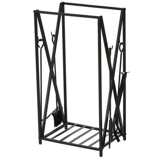 Râtelier à bûches en acier pour intérieur et extérieur avec 4 outils : tisonnier, balayette et pinces. Dimensions : 46 x 30 x 76 cm. Couleur : noir. - Image 1