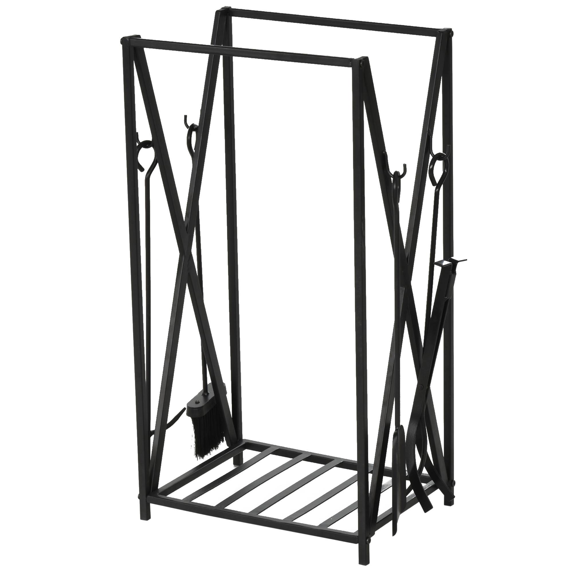 Râtelier à bûches en acier pour intérieur et extérieur avec 4 outils : tisonnier, balayette et pinces. Dimensions : 46 x 30 x 76 cm. Couleur : noir. - Image 1