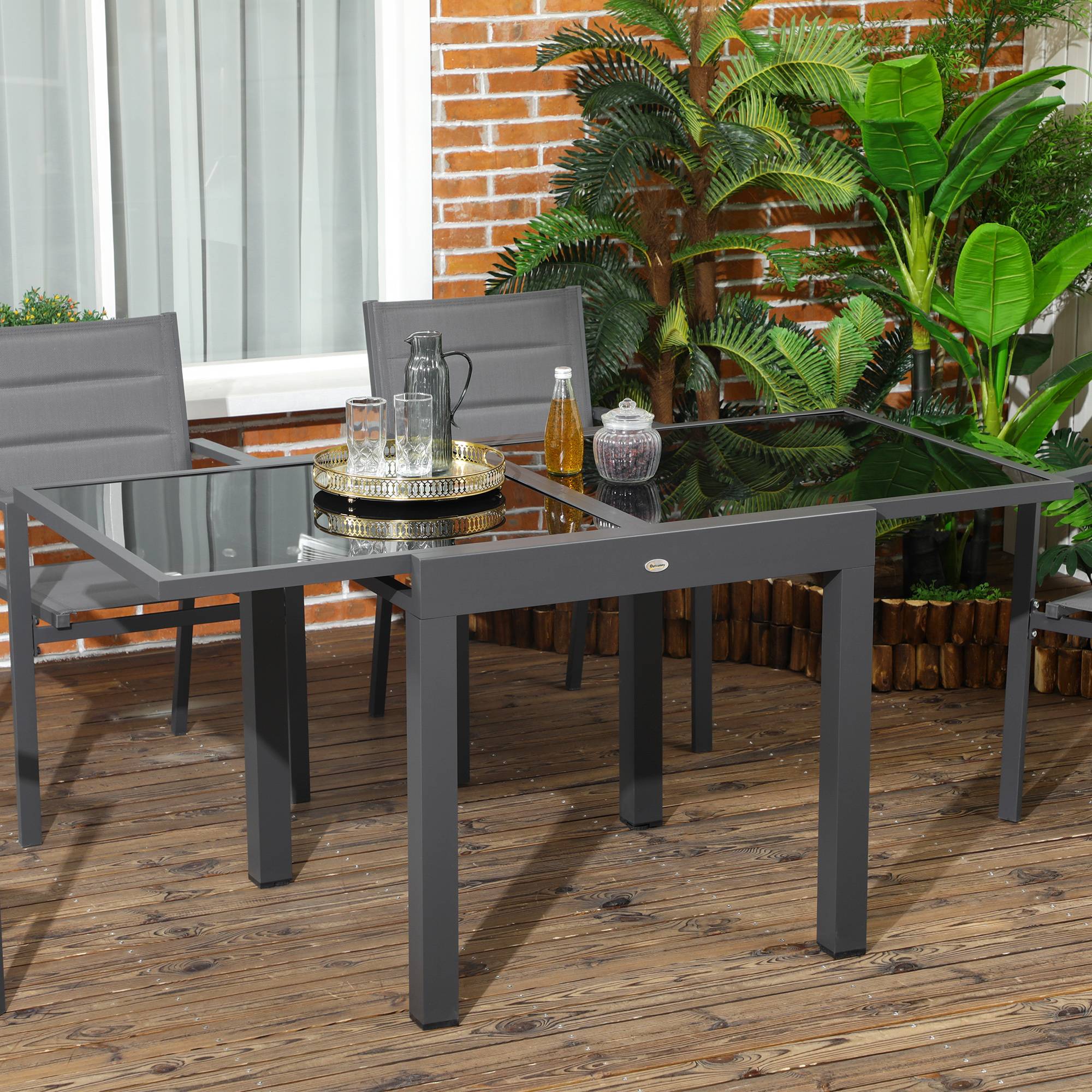 Table de jardin extensible en aluminium, rectangulaire, avec plateau en verre trempé pour terrasse, 80-160 x 80 x 75 cm, noire - Image 3