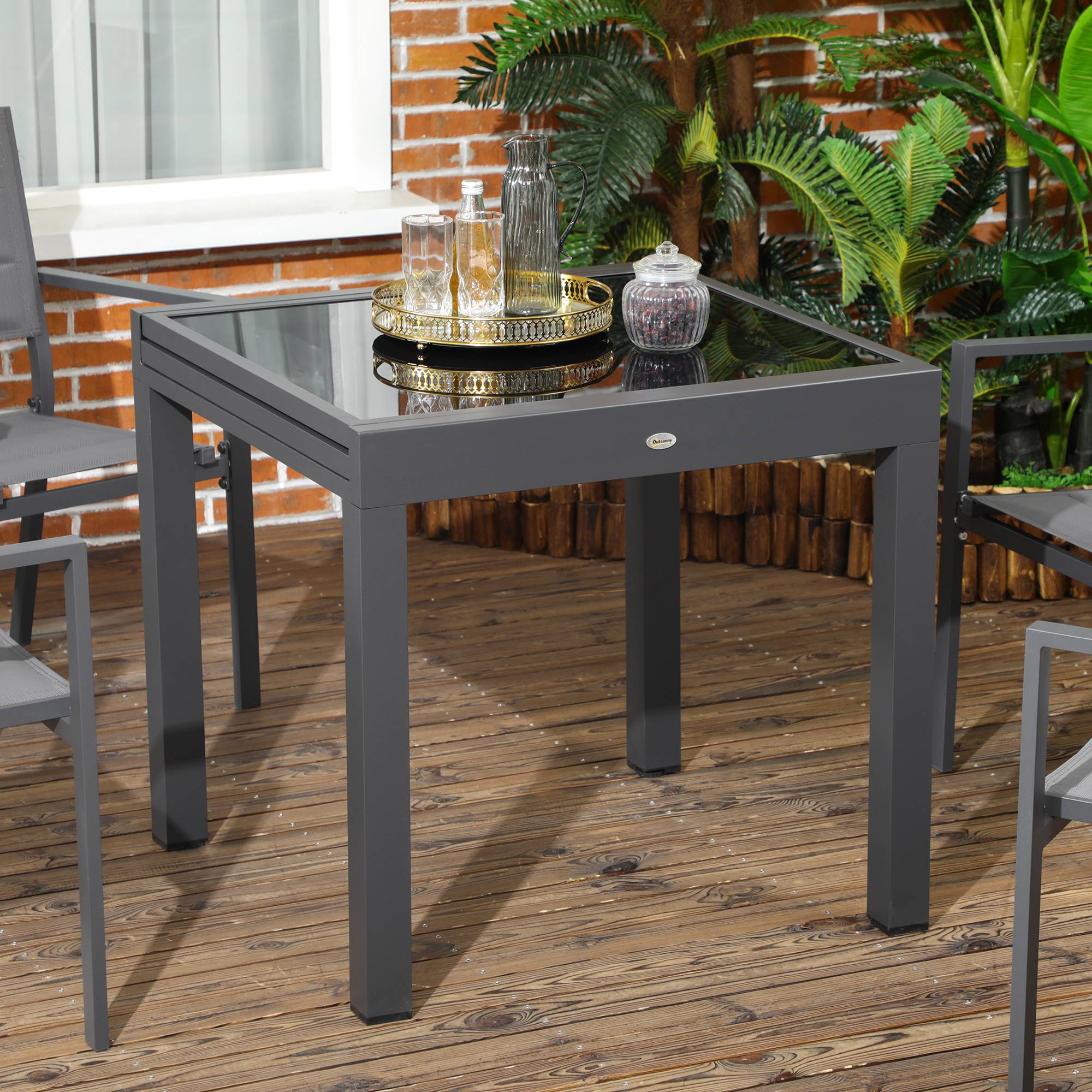 Table de jardin extensible en aluminium, rectangulaire, avec plateau en verre trempé pour terrasse, 80-160 x 80 x 75 cm, noire - Image 9