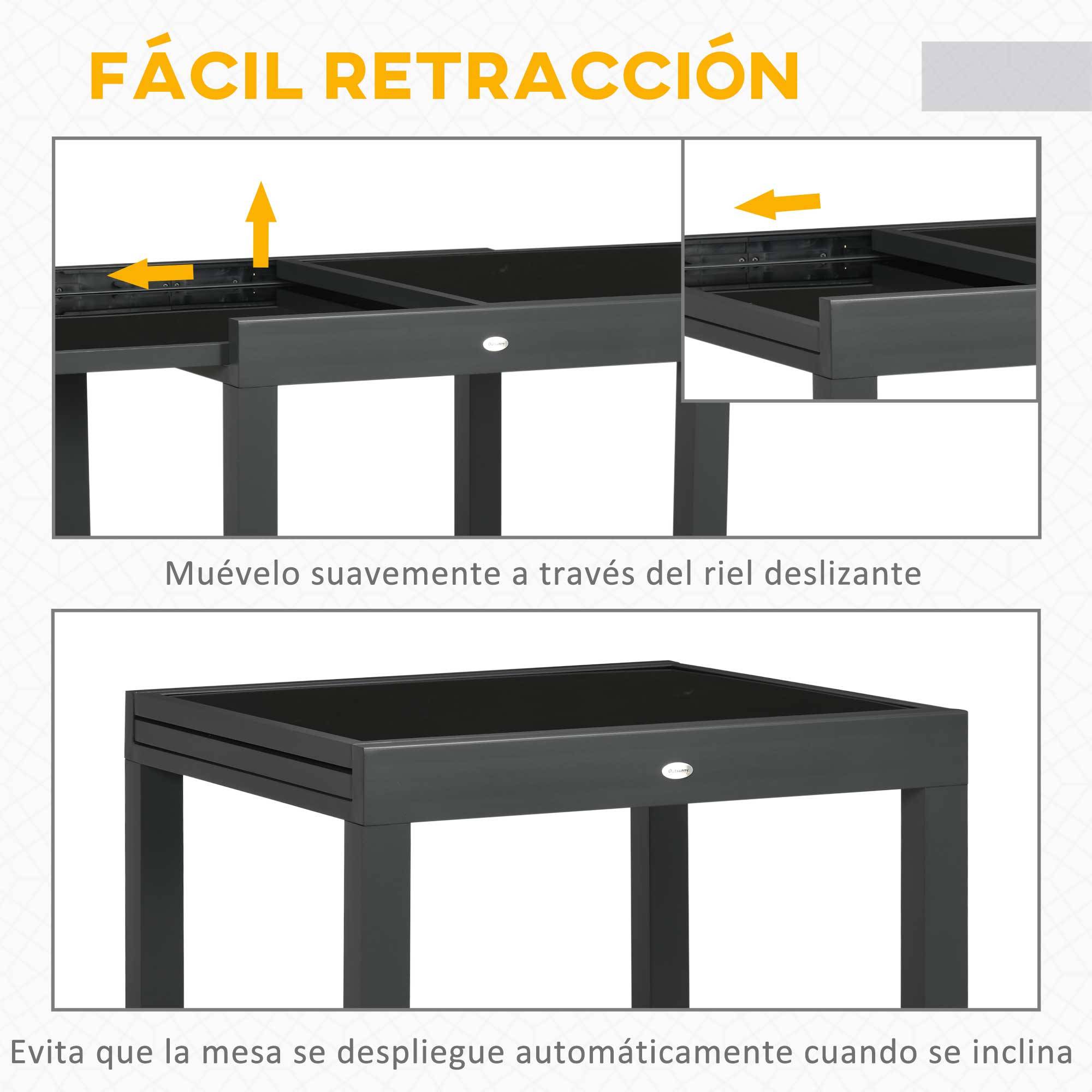 Table de jardin extensible en aluminium, rectangulaire, avec plateau en verre trempé pour terrasse, 80-160 x 80 x 75 cm, noire - Image 7