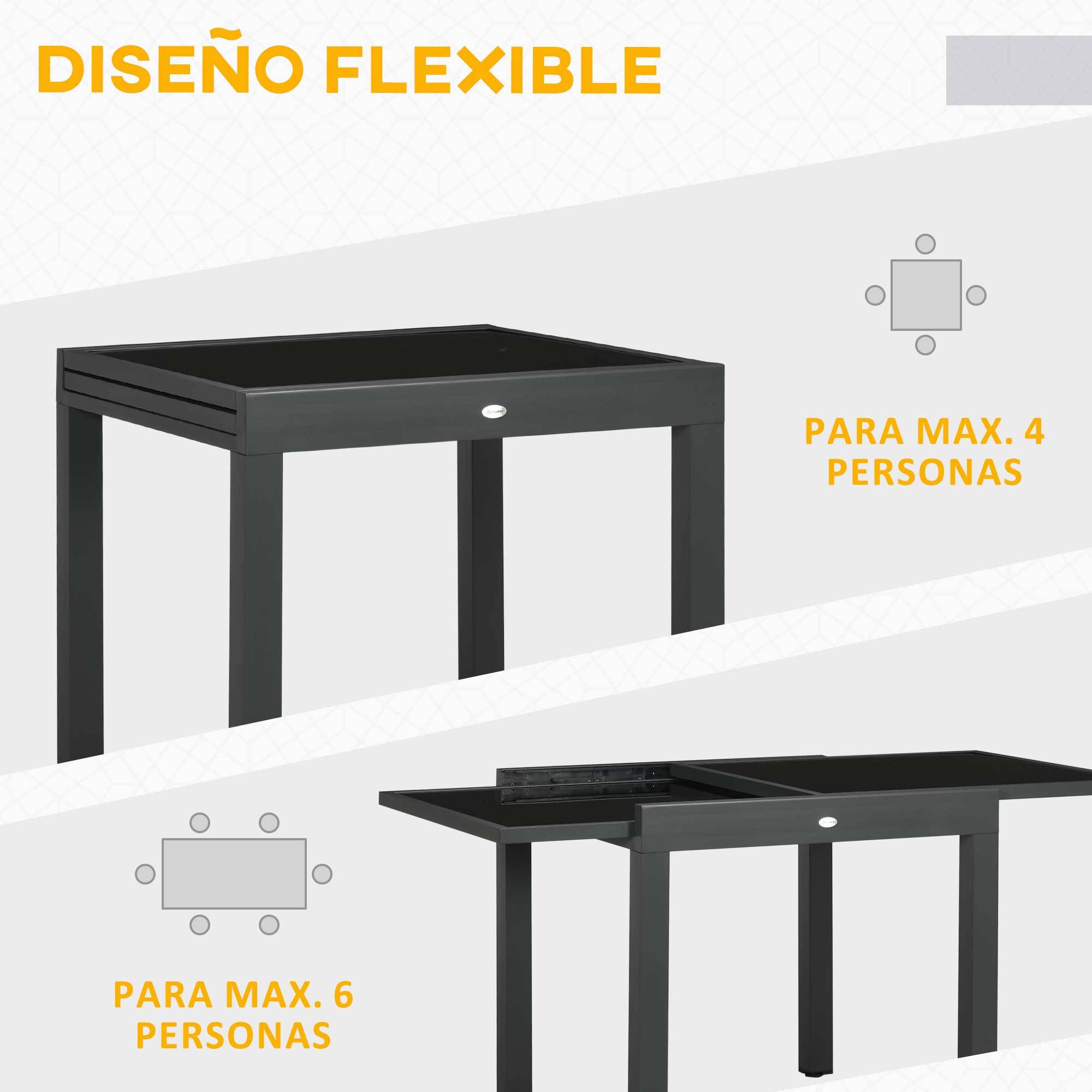 Table de jardin extensible en aluminium, rectangulaire, avec plateau en verre trempé pour terrasse, 80-160 x 80 x 75 cm, noire - Image 6