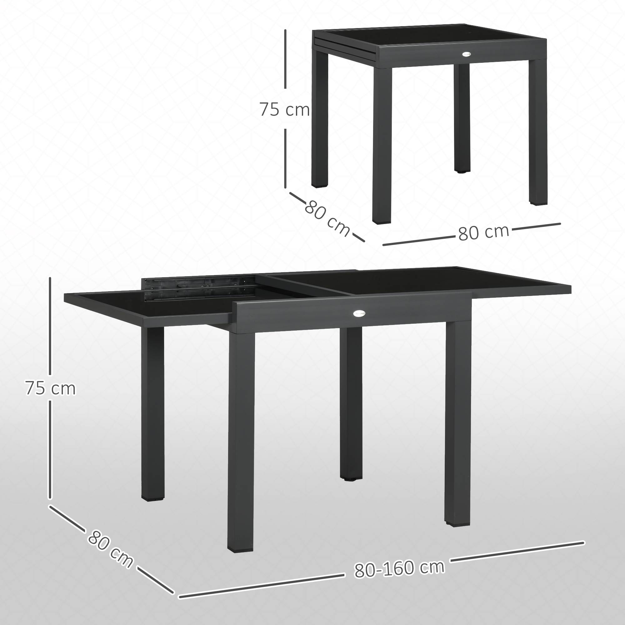 Table de jardin extensible en aluminium, rectangulaire, avec plateau en verre trempé pour terrasse, 80-160 x 80 x 75 cm, noire - Image 5