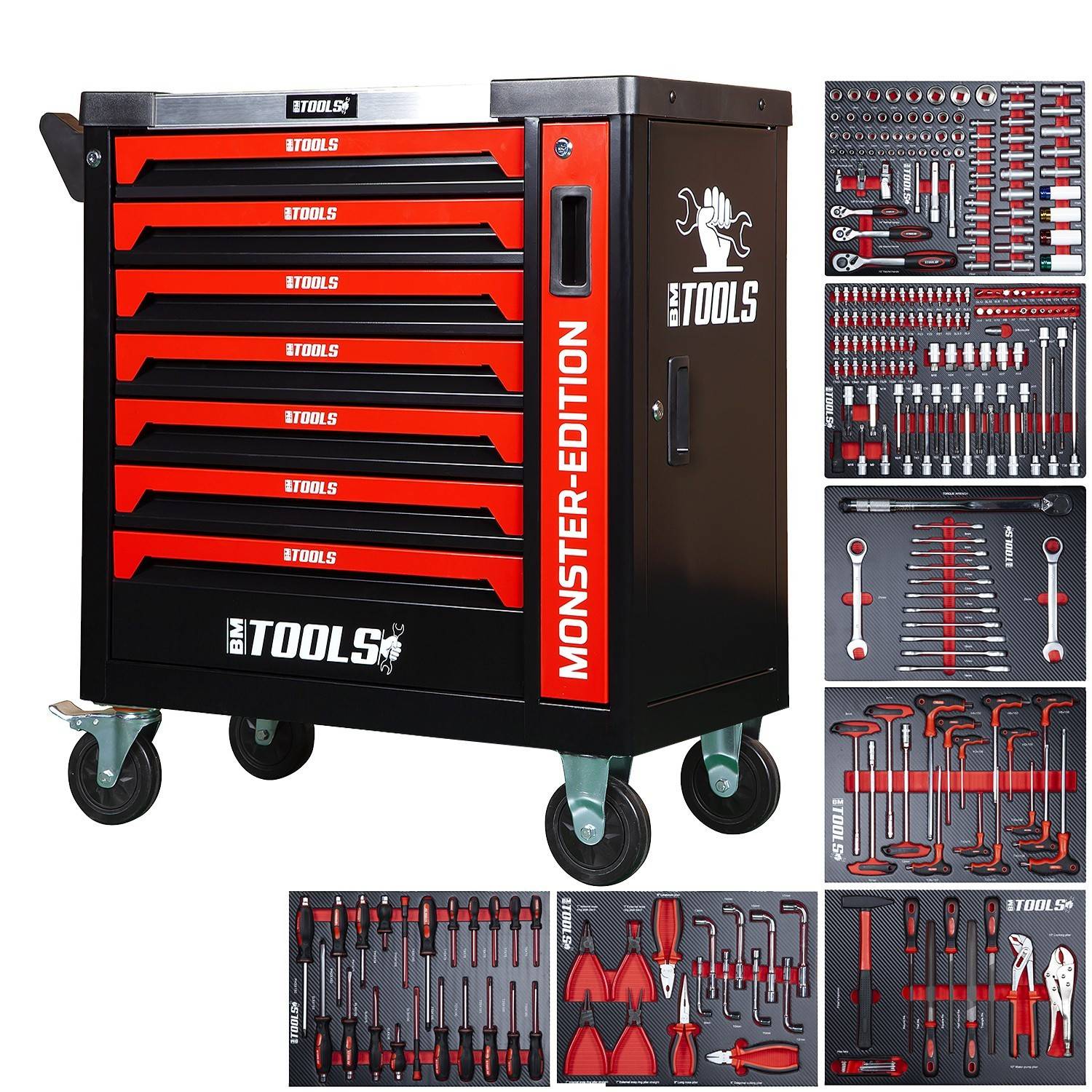 Servante d'atelier BM TOOLS 9/7 MONSTER-EDITION-RED 7 tiroirs pleins, 1 porte & 1 tiroir vertical - 257 outils - Sur roulettes - Image 1