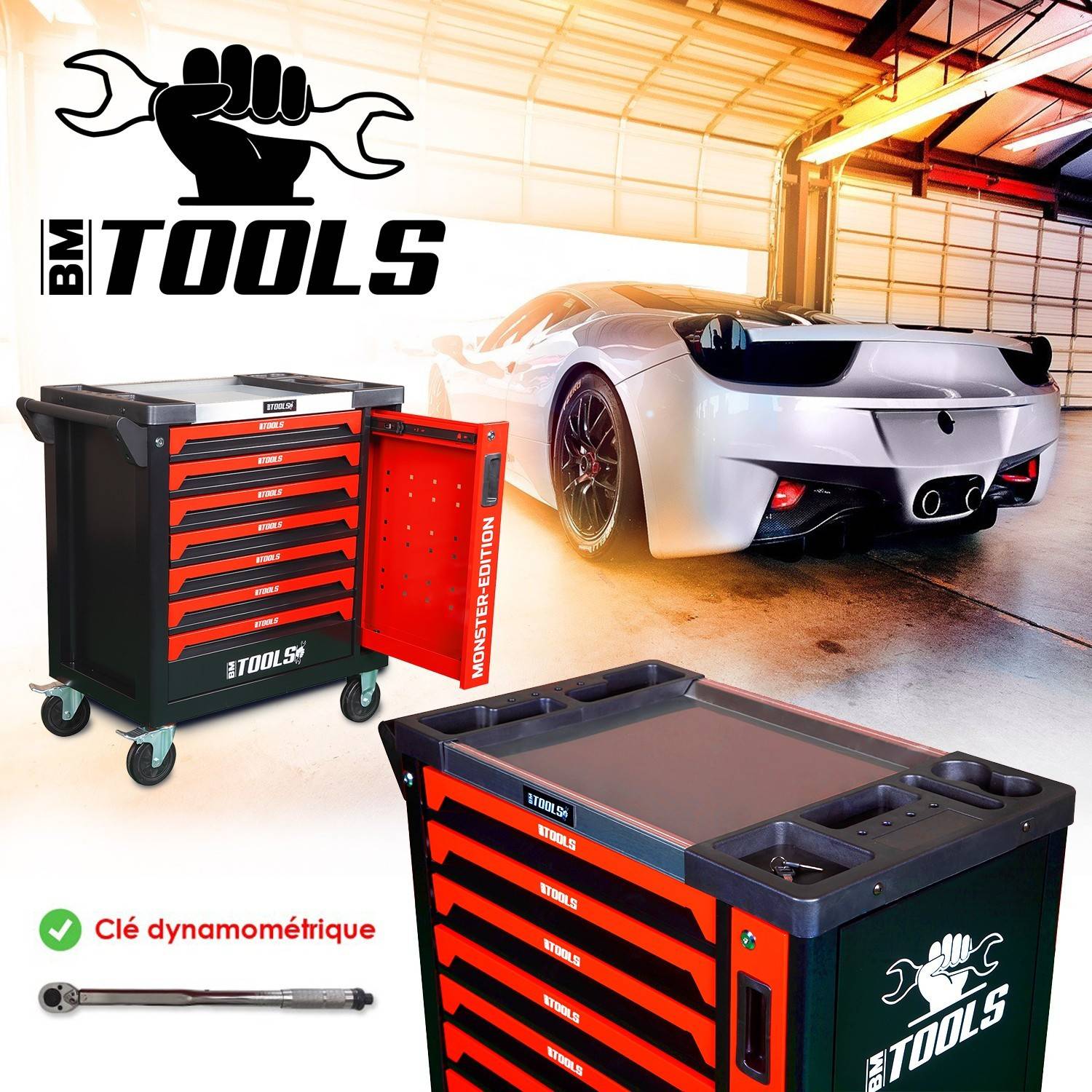 Servante d'atelier BM TOOLS 9/7 MONSTER-EDITION-RED 7 tiroirs pleins, 1 porte & 1 tiroir vertical - 257 outils - Sur roulettes - Image 3