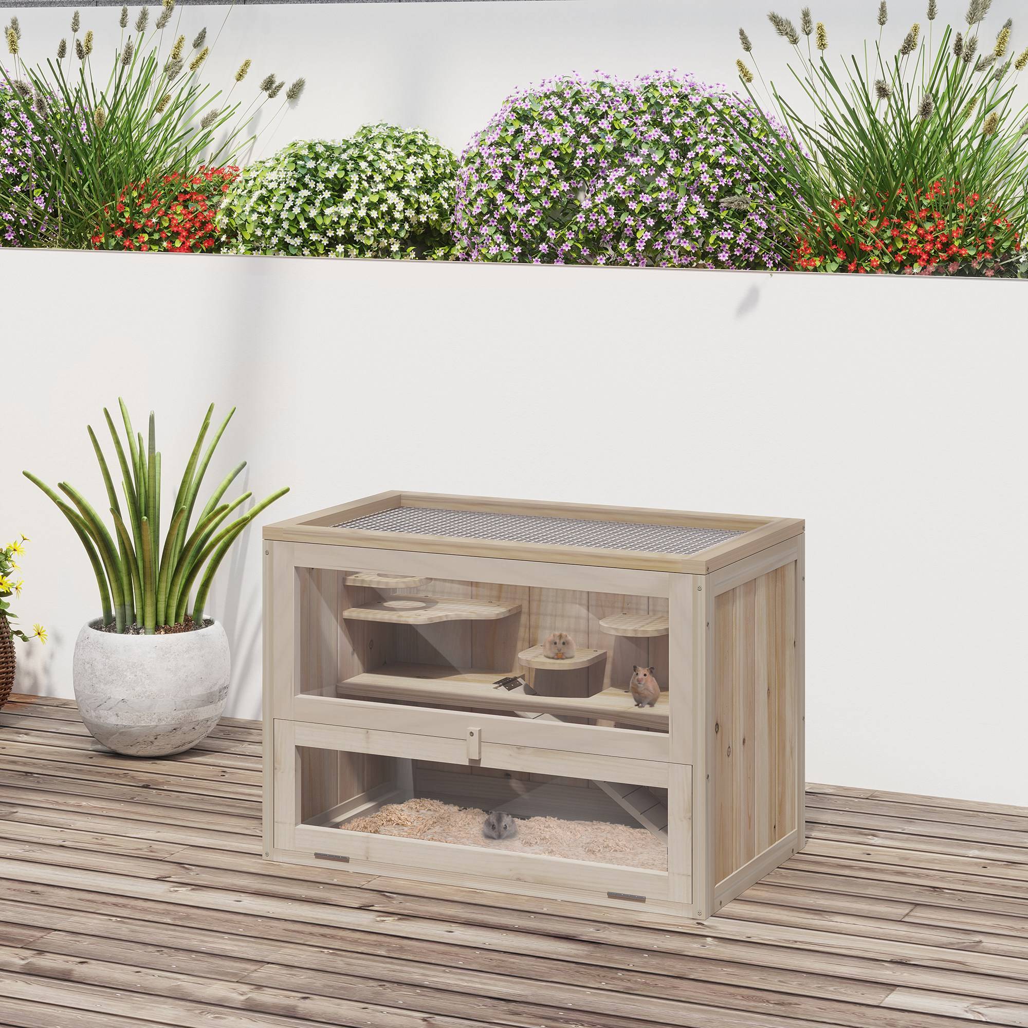 Sans Marque - Cage hamster bois 2 niveaux petite maison animaux plateformes échelles 60x35x42 cm bois naturel - Image 4