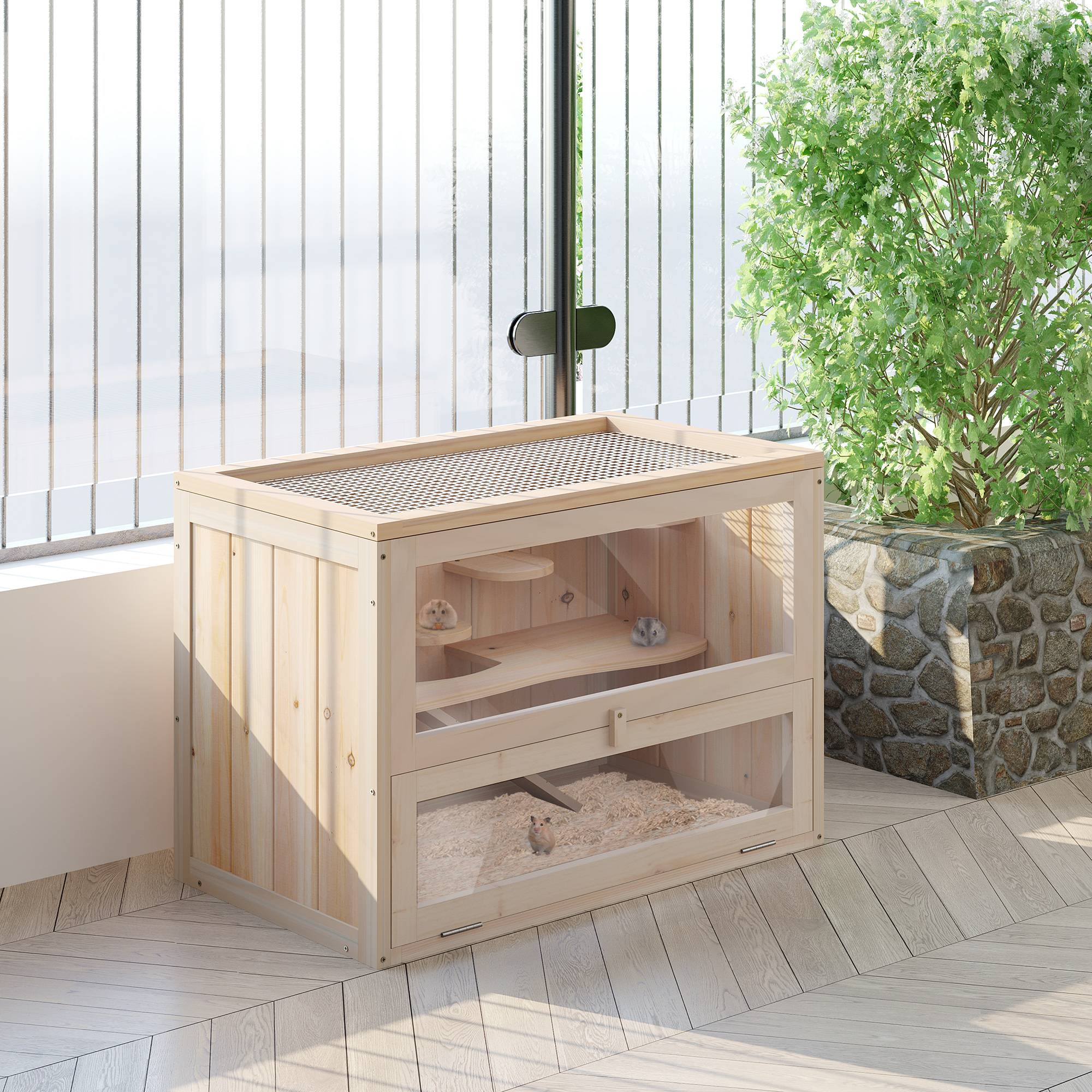 Sans Marque - Cage hamster bois 2 niveaux petite maison animaux plateformes échelles 60x35x42 cm bois naturel - Image 3