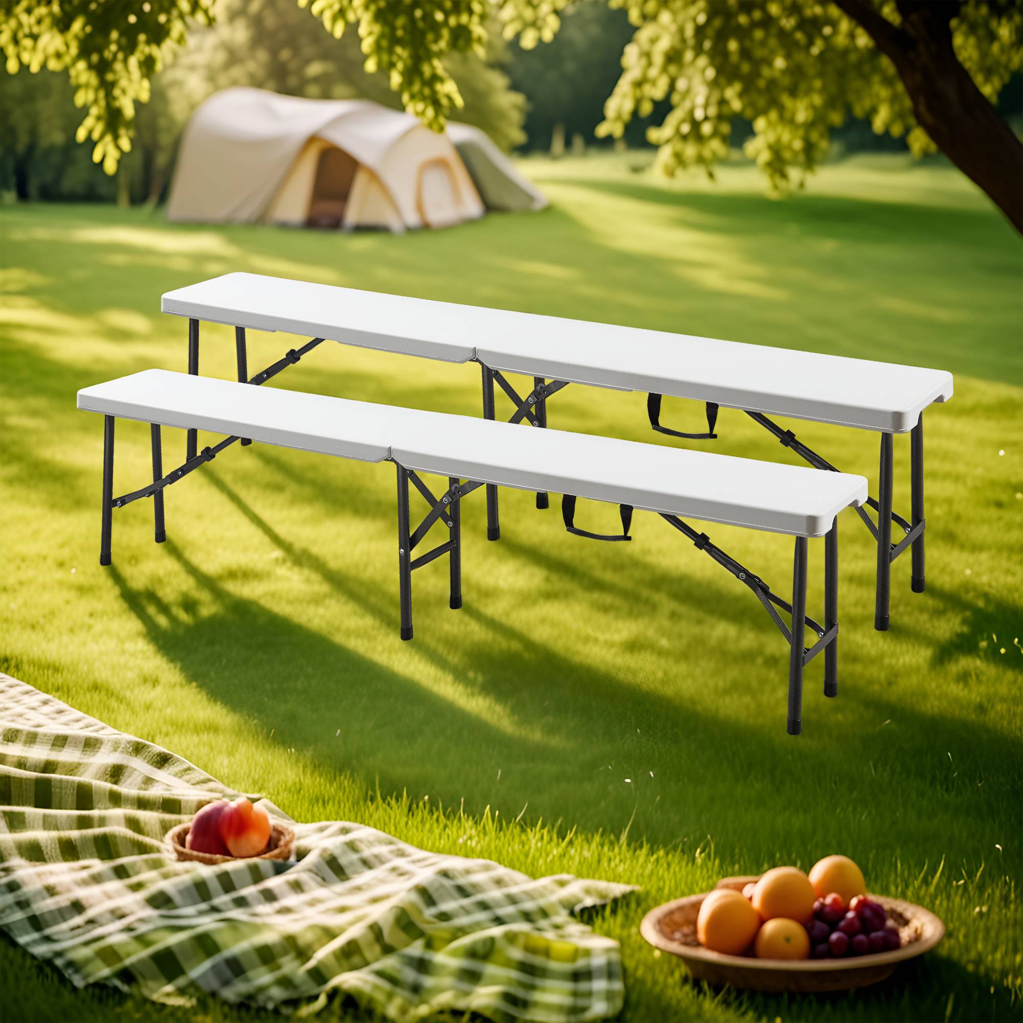 Lot de 2 bancs de camping pliables Ljusnarsberg 180 x 25 x 43 cm blanc [en.casa] - Image 2