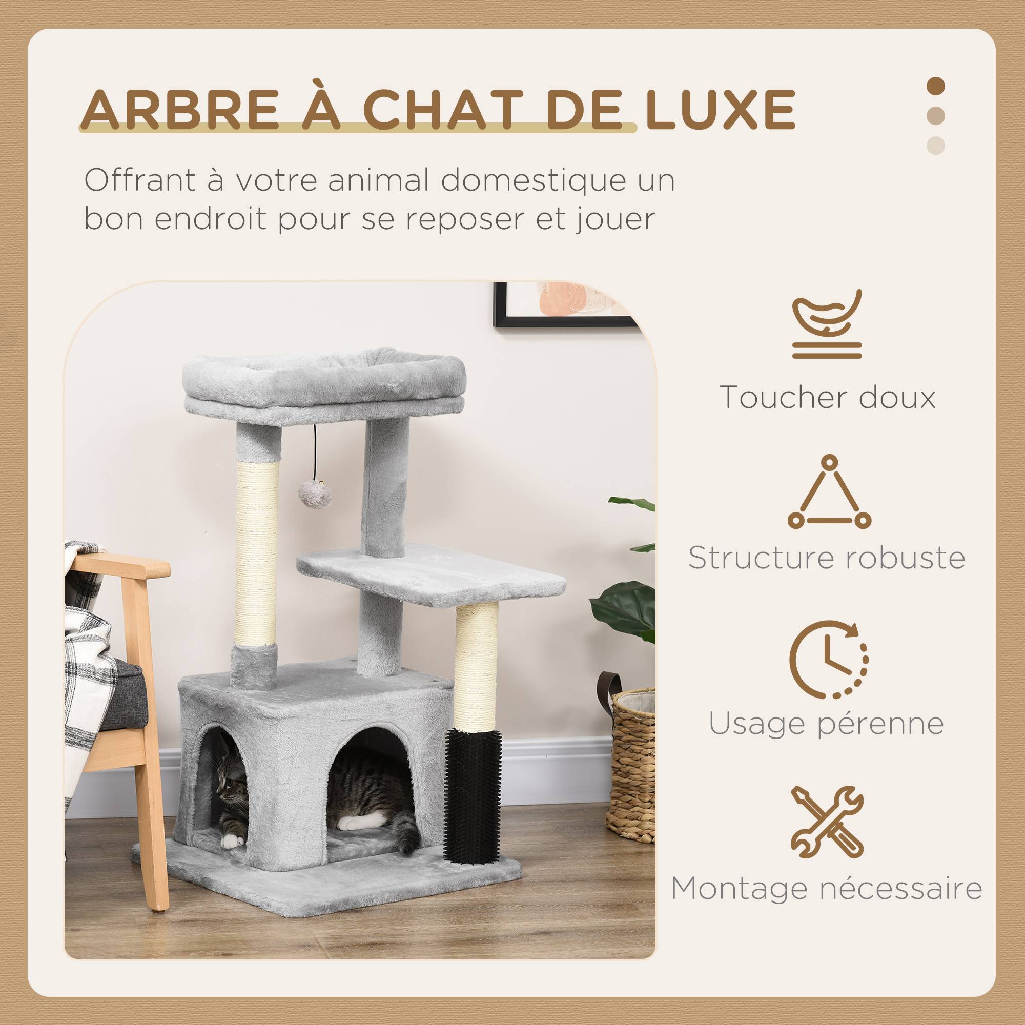Pawhut - Arbre à chat griffoirs sisal naturel et massant grande niche plateforme panier jeu boule suspendue peluche gris - Image 4
