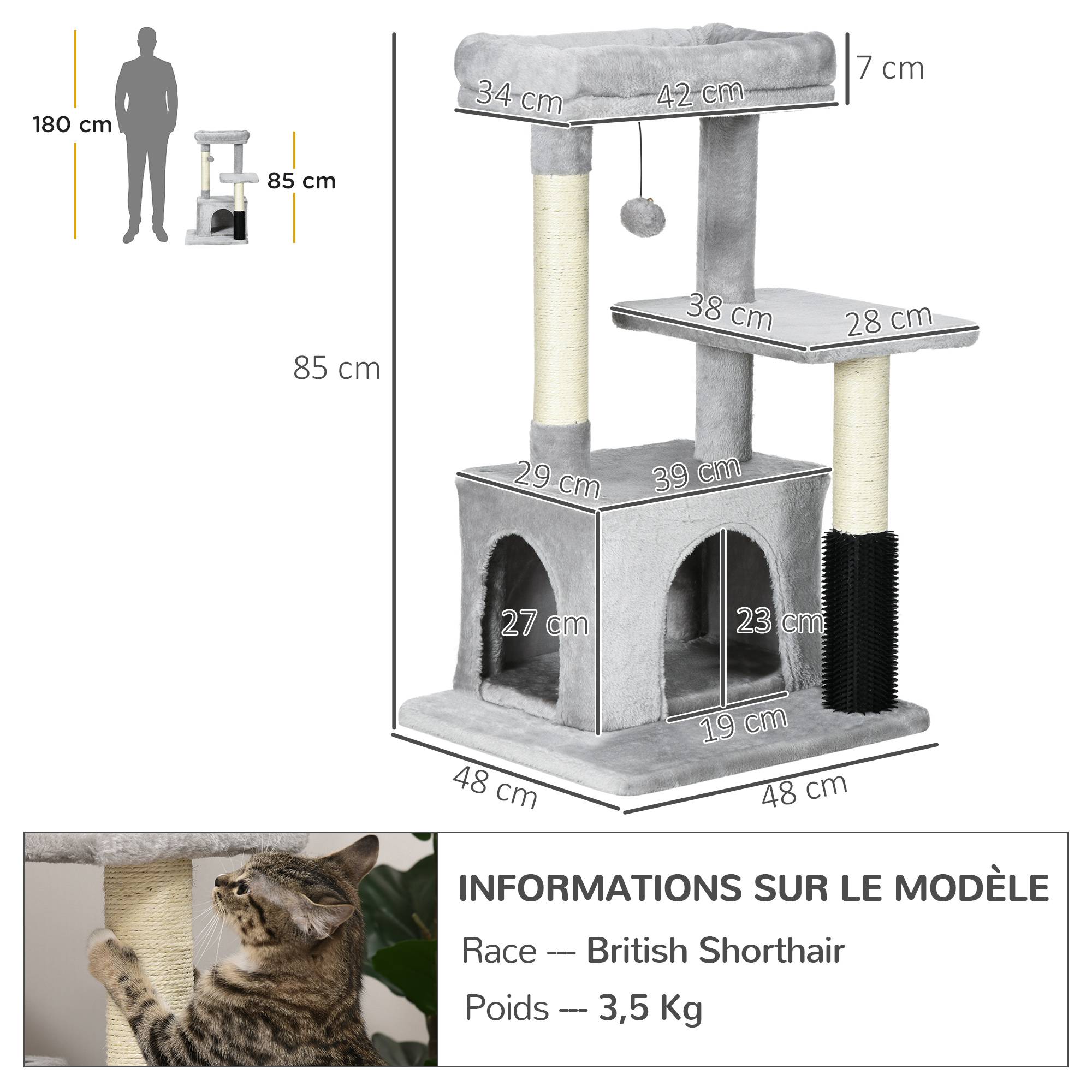 Pawhut - Arbre à chat griffoirs sisal naturel et massant grande niche plateforme panier jeu boule suspendue peluche gris - Image 3