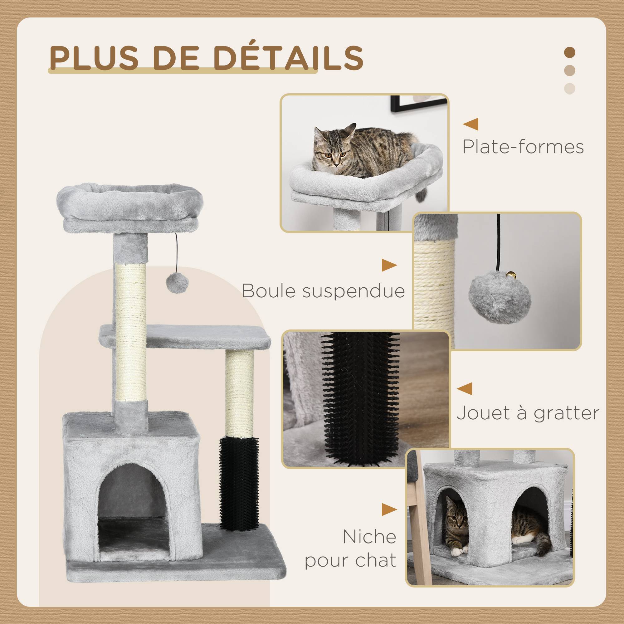 Pawhut - Arbre à chat griffoirs sisal naturel et massant grande niche plateforme panier jeu boule suspendue peluche gris - Image 5