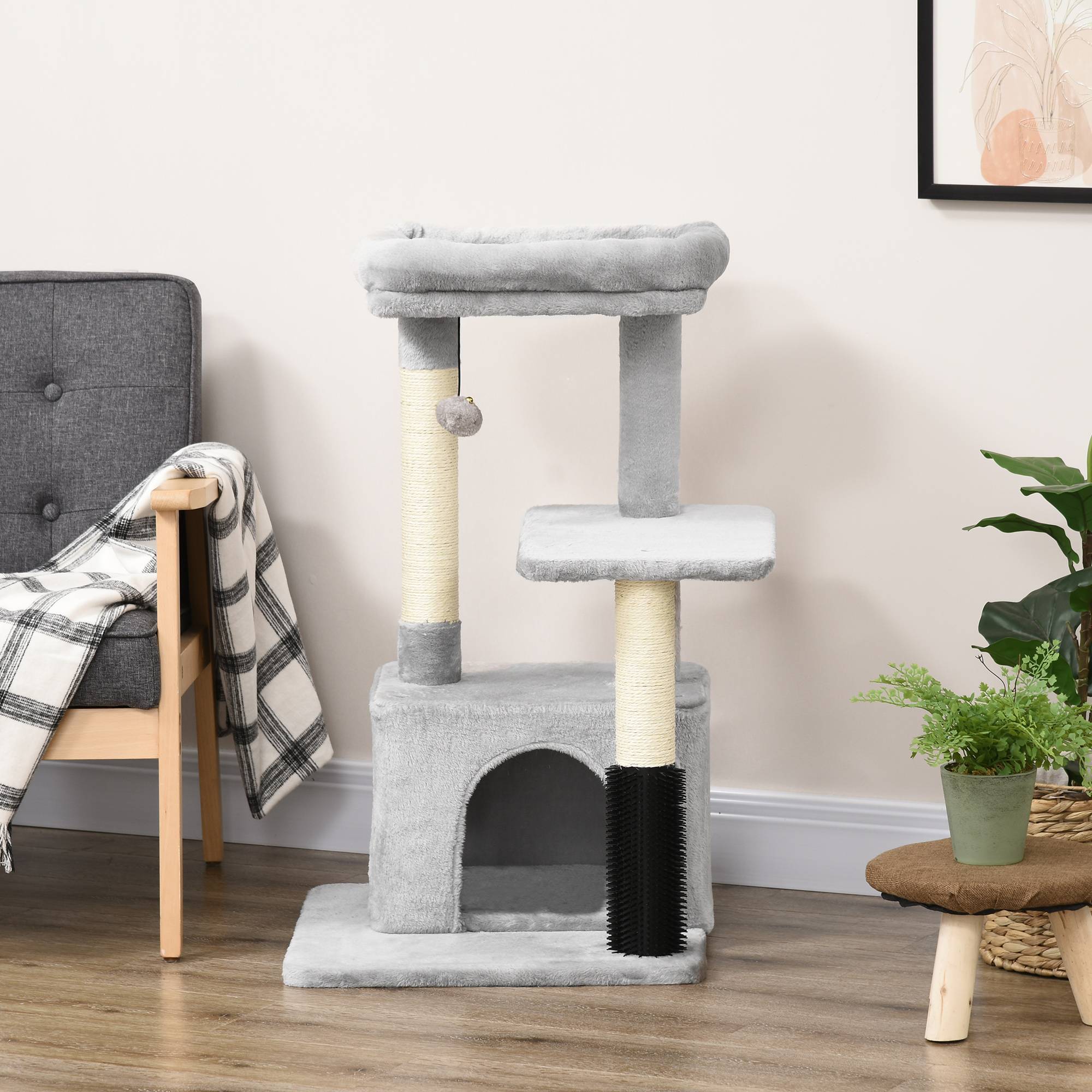 Pawhut - Arbre à chat griffoirs sisal naturel et massant grande niche plateforme panier jeu boule suspendue peluche gris - Image 8