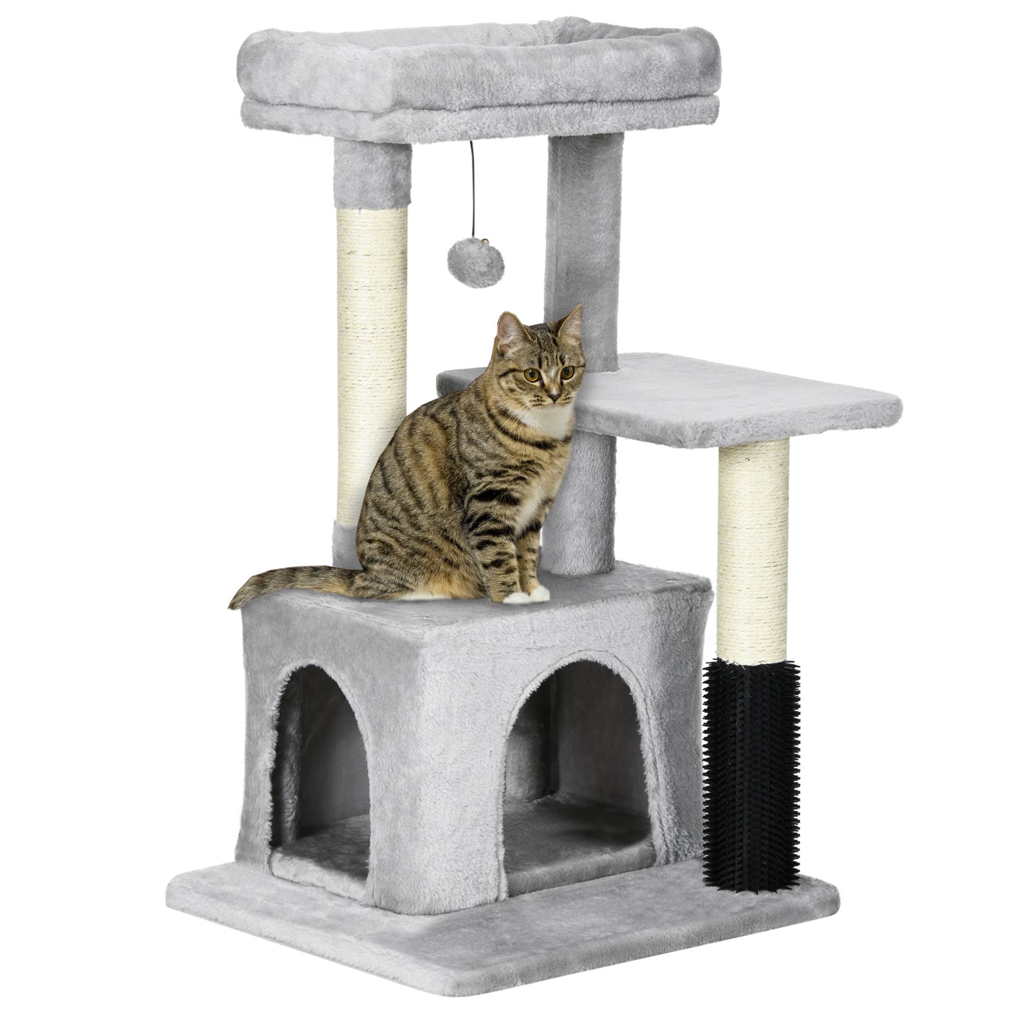Pawhut - Arbre à chat griffoirs sisal naturel et massant grande niche plateforme panier jeu boule suspendue peluche gris - Image 1