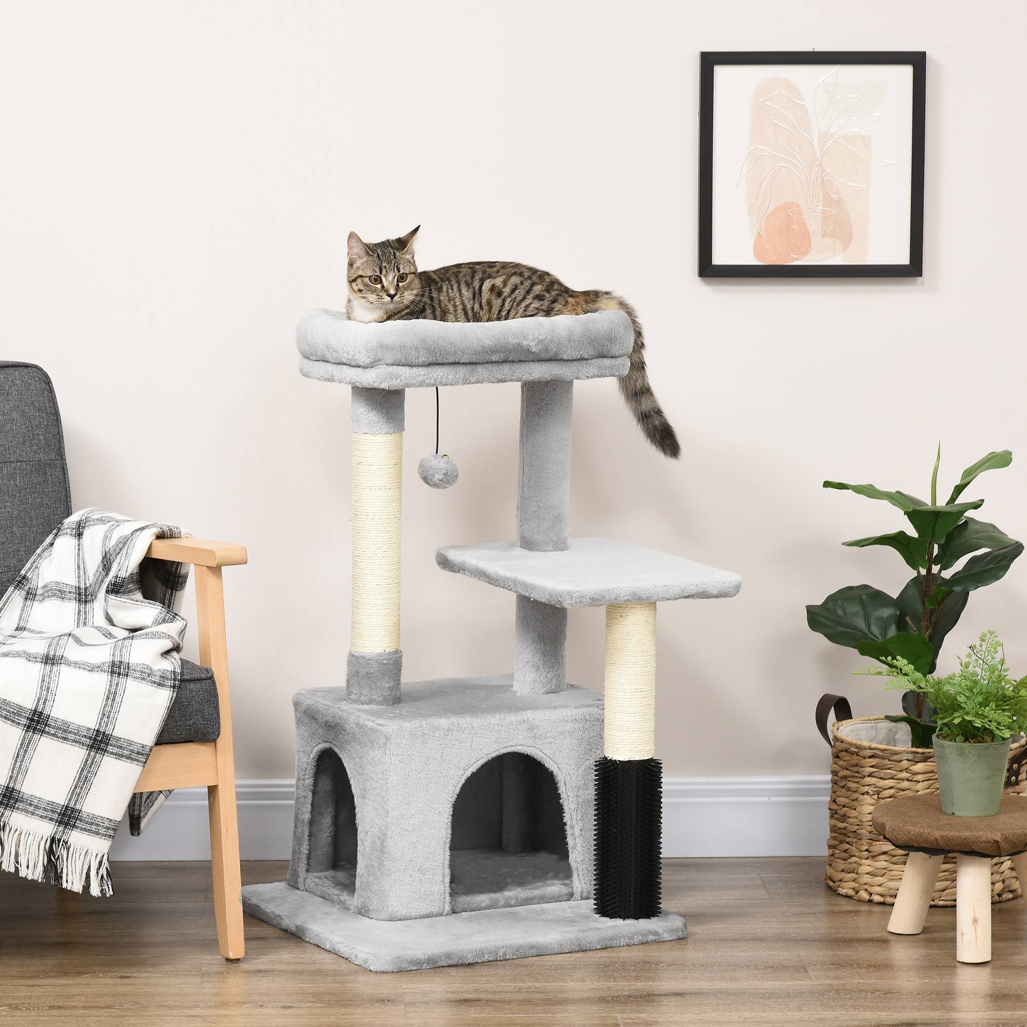 Pawhut - Arbre à chat griffoirs sisal naturel et massant grande niche plateforme panier jeu boule suspendue peluche gris - Image 2