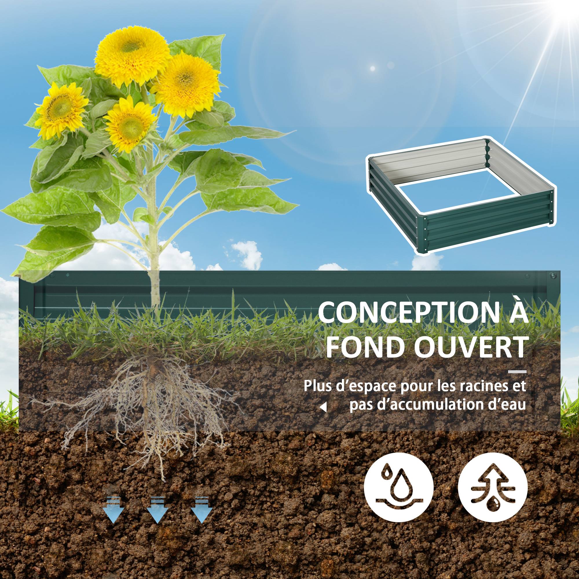 Outsunny - Carré potager de jardin 120x120x30 cm pour culture de légumes acier galvanisée vert foncé - Outsunny - Image 6
